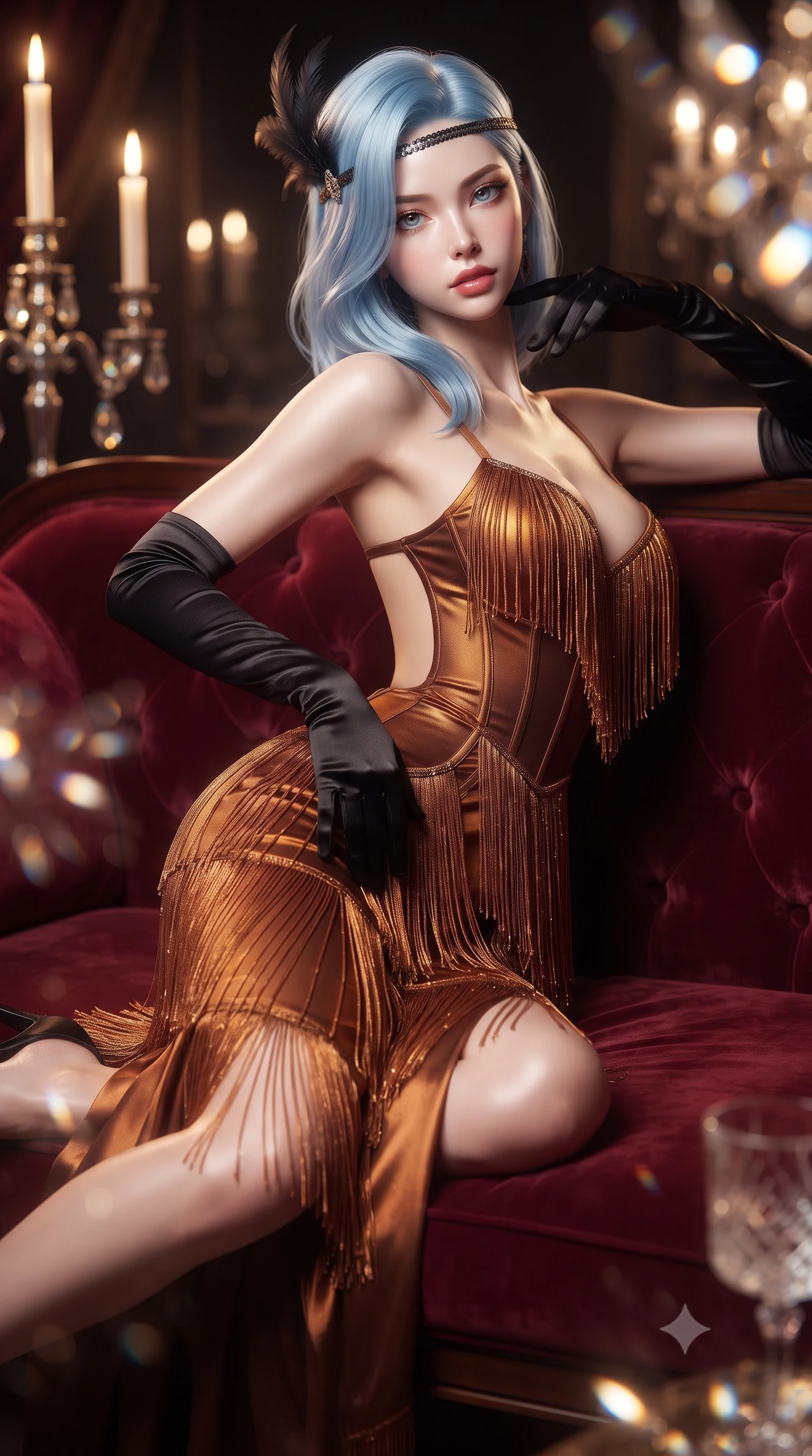 score_9, masterpiece, best quality, ultra-detailed, high-budget anime keyframe, editorial fashion photography, tasteful artistic composition, Korean woman. close-up cowboy shot from the waist and thighs up, the character dominates the composition, filling the frame with her large presence. arching her spine backward with effortless dancer poise, one hand sliding along her hip line as directional light carves specular highlights along her silhouette while reclining on a plush velvet chaise lounge with one knee drawn up, smoldering eyes locked onto the viewer with dangerous flapper allure. The composition keeps background elements in soft focus with creamy bokeh. flickering candelabra flames and cut crystal glass refractions scattering warm decadent light motes. She has an exceptionally elegant, slender, and willowy female figure with an ultra-slim waist, a gracefully sculpted slender torso, toned flat midriff, and rounded feminine hips creating an alluring hourglass silhouette. sharp v-shaped jawline, high-bridge nose, intricate jewel-like eyes with depth, thick eyelashes, glossy parted lips with a natural sheen, intensely captivating and seductive bedroom-eyes expression, flawlessly proportioned anatomical accuracy, strict slender model proportions, natural body alignment, perfectly sculpted long slender limbs, ultra-slim waistline, clean dynamic posture without body distortion. wearing a sculptured liquid-satin mermaid gown with a boned corset bodice and body-hugging hip hug in rich whiskey amber and liquid bronze, woven from airy multi-layered silk chiffon with tiered fringe tassels, accessorized with opera-length black satin gloves and a feathered art deco headband, the precision-cut side openings and low-back scoop framing her graceful spine and the sensual sweep of her hips. illuminated by rich directional firelight sculpting every feminine curve of her slender silhouette. ultra-reflective glossy finish, specular highlights, rich textural contrasts, high-contrast stereoscopic depth, volumetric dynamic lighting, 2k, ultra detail, master piece, 9:16 ratio