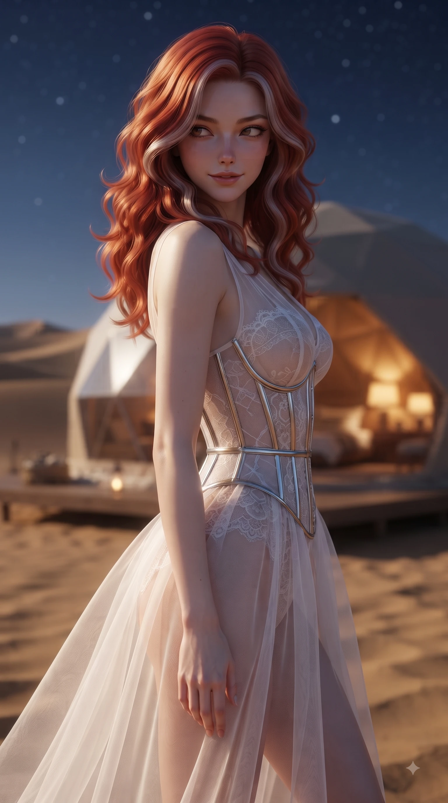 score_9, masterpiece, best quality, ultra-detailed, high-budget anime keyframe, editorial fashion photography, tasteful artistic composition, Caucasian woman woman. close-up cowboy shot from the waist and thighs up, the character dominates the composition, filling the frame with her large presence, background elements kept in soft focus. She has an exceptionally elegant, slender, and willowy female figure with an ultra-slim waist, a gracefully sculpted slender torso, and a refined silhouette. glancing sidelong over her shoulder with a smoldering, magnetic half-smile, flawlessly proportioned anatomical accuracy, natural body alignment, perfectly sculpted elegant limbs, clean dynamic posture without body distortion. set against a soft-focus background of a luxury eco-dome suite in a golden sand desert under stars. wearing a translucent white organdy veil dress with an architectural structured corset and lace panels. bathed in cool silver starlight contrasting with warm interior amber reading lamps. ultra-reflective glossy finish, specular highlights, metallic sheen, high-contrast stereoscopic depth, volumetric dynamic lighting, 2k, ultra detail, master piece, 9:16 ratio