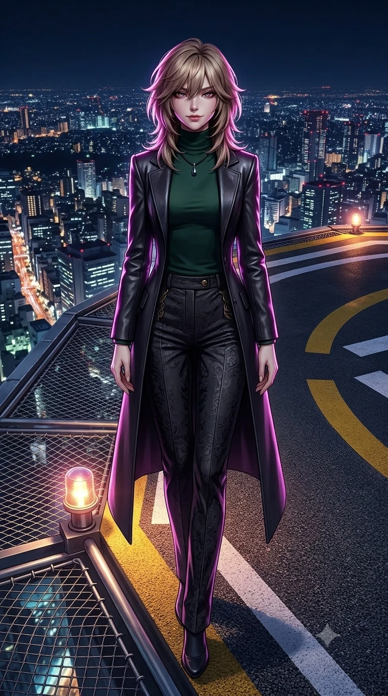 score_9, masterpiece, best quality, ultra-detailed, high-budget anime keyframe, semi-realistic 3D game render, editorial fashion photography, tasteful artistic composition, Japanese woman. low angle full-body shot from head to toe showing her feet, filling the entire 9:16 vertical frame with her statuesque presence, stretching her vertical silhouette. reclining languidly across the dark velvet banquette with one knee bent and hips angled toward the camera while standing tall at the outer edge of the summit helipad, arching her lower back to emphasize her hourglass curves against the sprawling midnight metropolis. The surrounding environment is rendered in vivid detail and crisp panoramic clarity: sharp aeronautical tarmac aggregate, stainless steel perimeter safety net weave, and aviation beacon lens facets in deep focus. She has an absolutely perfect, statuesque 8.5-heads proportion, an exceptionally tall and slender model-like female figure with impossibly long slender legs, an ultra-slim waist, a flat toned midriff, narrow delicate ribcage, and beautifully sculpted feminine hips creating a graceful, slim hourglass silhouette without any bulky heaviness. sharp v-shaped jawline, high-bridge nose, intricate jewel-like dark sparkling eyes with hypnotic seductive depth, thick curled eyelashes, glossy parted lips with a natural wine sheen, alluring bedroom-eyes with an enigmatic smoldering smile, exuding magnetic sovereign charisma and dark avant-garde glamour, flawlessly proportioned anatomical accuracy, strict slender model proportions, natural body alignment, perfectly sculpted long slender limbs, ultra-slim waistline, clean dynamic posture without body distortion. wearing a structured dark leather long coat over a turtleneck and tailored slacks in deep velvet forest green and antique brass, tailored from rich silk jacquard with subtle embossed baroque patterns, finished with a minimalist dark choker and a single teardrop pendant, the bespoke structured tailoring following the natural line of her 8.5-heads silhouette with refined elegance. illuminated by tarmac ground bounce and sharp ultraviolet-rose rim lights sculpting her razor-sharp jawline, narrow waist, and curvy hips. highly saturated vibrant anime colors, detailed shading with soft gradients, rich glossy textures, high-contrast stereoscopic depth, volumetric dynamic lighting, master piece, 9:16 ratio