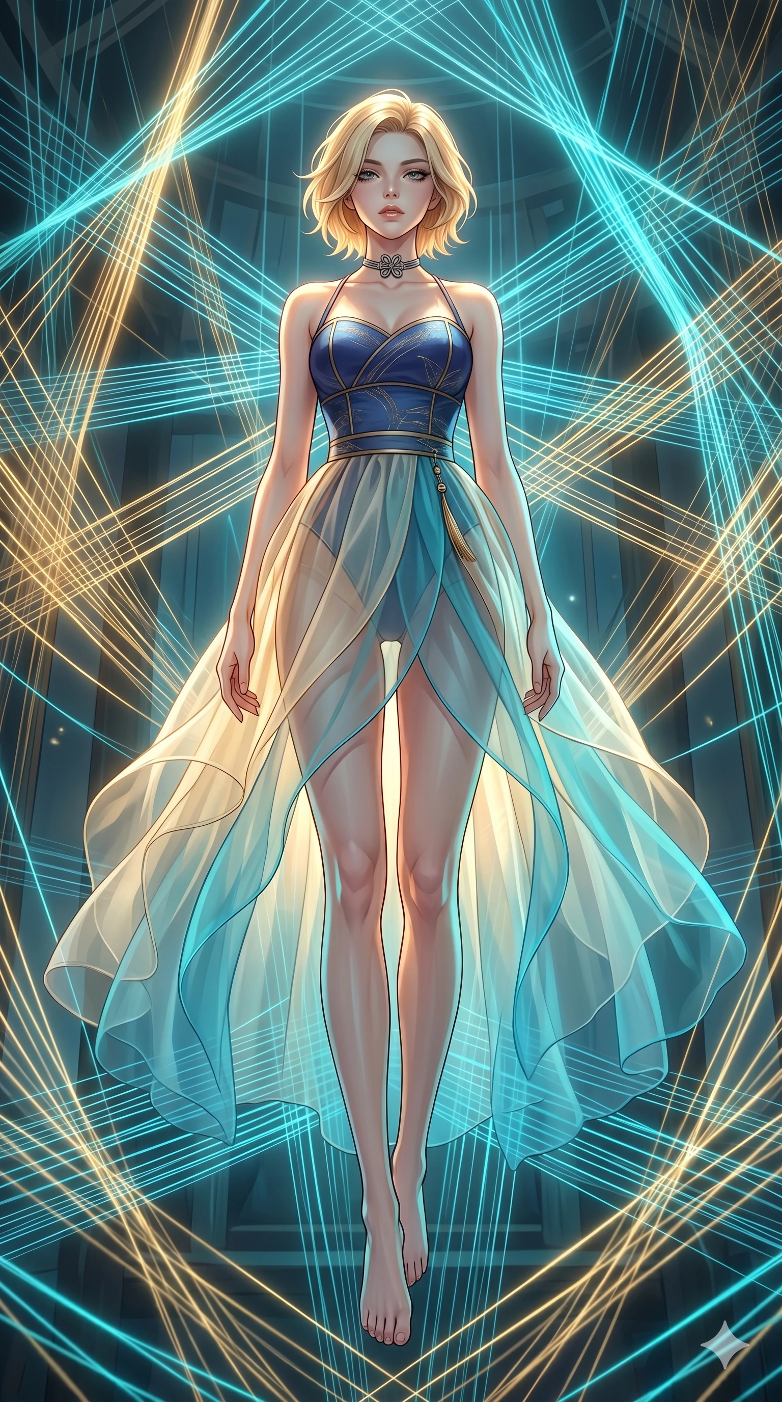 score_9, masterpiece, best quality, ultra-detailed, high-budget anime keyframe, Japanese woman. low angle full-body shot filling the entire 9:16 frame with her statuesque presence, stretching the vertical silhouette. floating suspended in an ethereal loom room where millions of luminescent cyan and gold threads intersect and weave geometric patterns. She has an absolutely perfect 8-heads proportion, an exceptionally tall and slender female figure with impossibly long slender legs and an ultra-slim waist. V-shaped jawline, high-bridge nose, intricate jewel-like eyes with depth, thick eyelashes, glossy lips with a natural sheen.. wearing a modern fusion silk hanbok dress, featuring a silk bustier top, layered sheer organza skirts, and a traditional knot choker. showcasing a beautiful play of light and shadow, with warm golden rays clashing against cool cyan highlights. 2k, ultra detail, master piece, 9:16 ratio