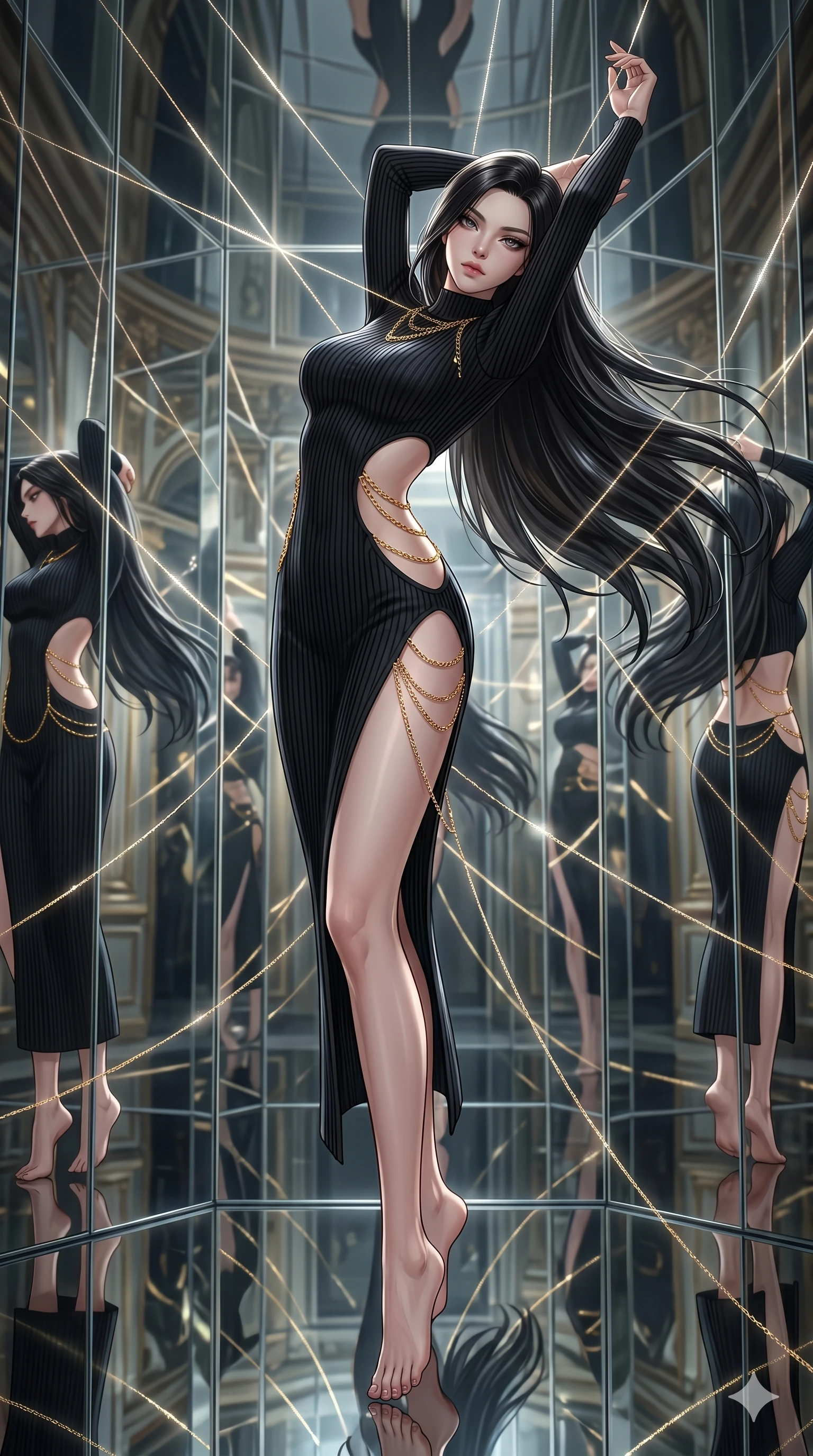score_9, masterpiece, best quality, ultra-detailed, High-budget Anime Keyframe, East Asian woman. Dynamic full-body shot stretching the vertical silhouette to the limit. Scenario 66: Suspended by invisible silk threads in a hall of mirrors. Her presence is magnetic and overpowering in this high-budget anime scene. Outfit 66: A ribbed bodycon knit mesh with a strategic side cut-outs and fine gold chains. The clothing is designed to emphasize her exceptionally tall and slender 8-heads proportion. 8-heads proportion, towering silhouette, ultra-slim waist. sharp v-shaped jawline, intricate jewel-like eyes with depth, thick eyelashes, glossy lips. 2k, ultra detail, master piece, 9:16 ratio