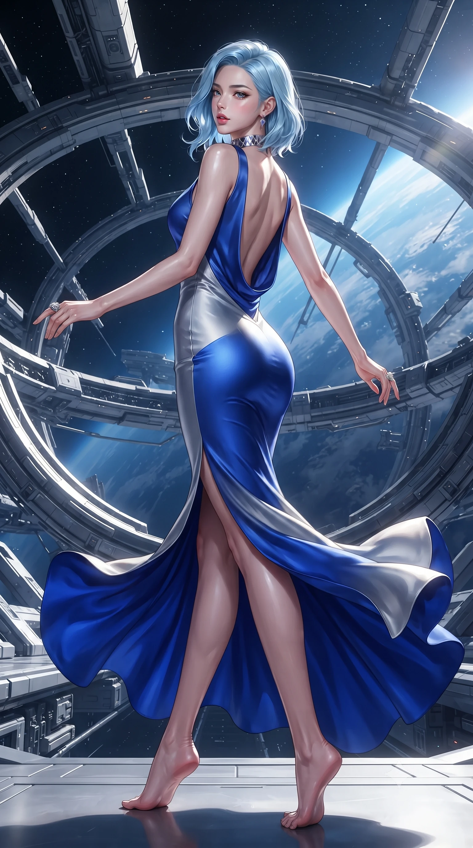 score_9, masterpiece, best quality, ultra-detailed, high-budget anime keyframe, editorial fashion photography, tasteful artistic composition, Korean woman. low angle full-body shot from head to toe showing her feet, filling the entire 9:16 vertical frame with her statuesque presence, stretching her vertical silhouette. executing an elegant mid-motion pivot turn as garments swirl around her slender limbs, glancing over her shoulder with an intoxicating bedroom-gaze while floating weightlessly beside an architectural titanium lounge ring, arching her spine in a fluid, dancer-like line as orbital sunrise floods her silhouette. The surrounding environment is rendered in vivid detail and crisp panoramic clarity. epic high-contrast orbital sci-fi chiaroscuro and transcendent space-age luxury aesthetics in precision. She has an exceptionally tall and slender model-like 8.5-heads proportion, an ultra-slim waist, a flat toned midriff, narrow delicate ribcage, and beautifully sculpted feminine hips creating a graceful, slim hourglass silhouette without any bulky heaviness, with impossibly long slender legs. sharp v-shaped jawline, high-bridge nose, intricate jewel-like eyes with depth, thick eyelashes, glossy parted lips with a natural sheen, intensely captivating and seductive bedroom-eyes expression, flawlessly proportioned anatomical accuracy, strict slender model proportions, natural body alignment, perfectly sculpted long slender limbs, ultra-slim waistline, clean dynamic posture without body distortion. wearing a sculptured liquid-satin mermaid gown with an ultra-deep cowl back descending to the base of her spine in royal sapphire blue and brushed platinum, tailored from liquid silk jersey adhering flawlessly to her slender build, complemented by a bold geometric choker and sparkling cocktail ring, the form-contouring material adhering flawlessly to her sculpted flat midriff and slender torso, emphasizing her long leg lines and perfectly proportioned willowy build. illuminated by sleek metallic specular reflections sharply defining her bare collarbones, ultra-slim waist, and curvy hips. ultra-reflective glossy finish, specular highlights, rich textural contrasts, high-contrast stereoscopic depth, volumetric dynamic lighting, 2k, ultra detail, master piece, 9:16 ratio