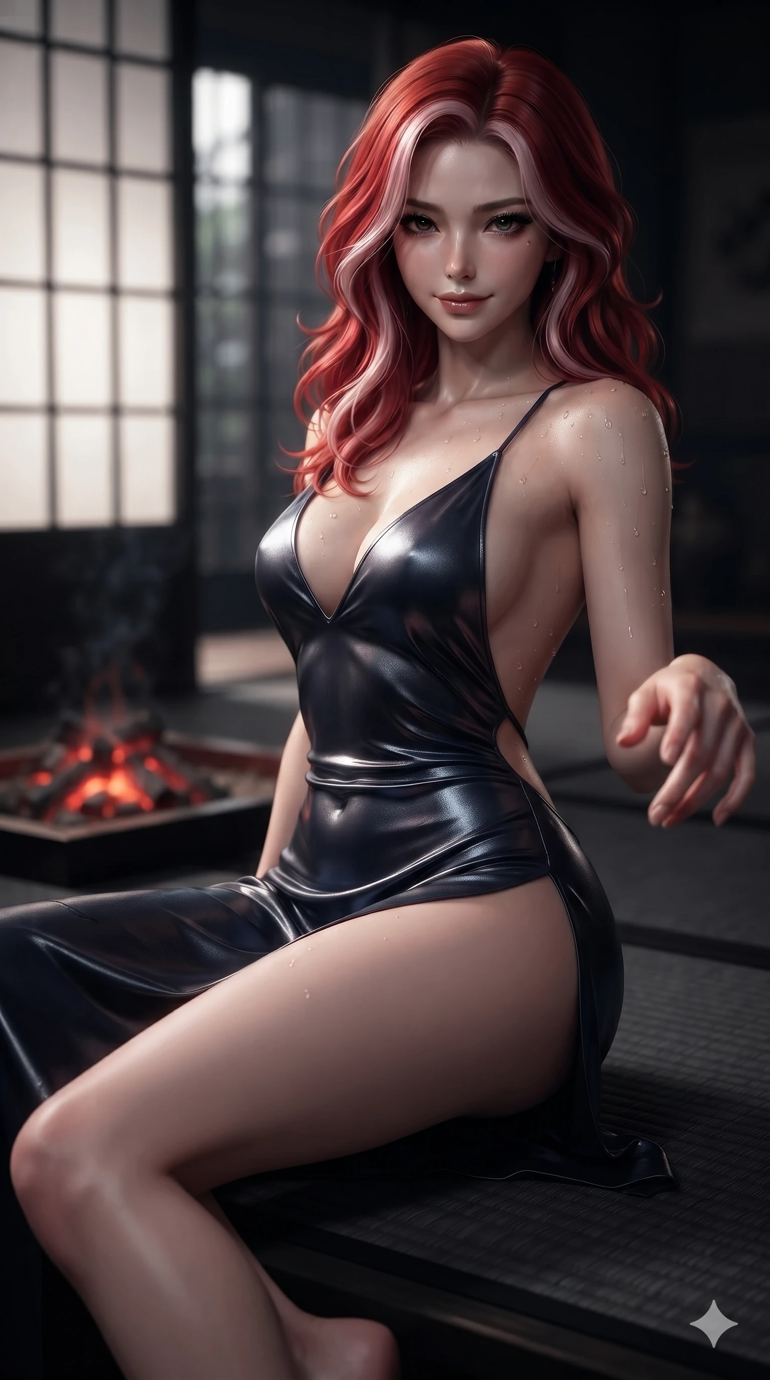 score_9, masterpiece, best quality, ultra-detailed, high-budget anime keyframe, editorial fashion photography, tasteful artistic composition, Caucasian woman. close-up cowboy shot from the waist and thighs up, the character dominates the composition, filling the frame with her large presence. reaching one hand toward the viewer with relaxed dark elegance, her sculpted waistline catching specular highlights while sliding smoothly across the charcoal tatami with feline poise, her long slender legs and curvy hourglass hips commanding the frame. The background shows a soft-focus exclusive Kyoto dark tea pavilion softened in intimate sanctuary shallow focus. She has an exceptionally elegant, slender, and willowy female figure with an ultra-slim waist, flat toned midriff, narrow ribcage, and sculpted feminine hips creating an alluring, slim hourglass silhouette without bulk. sharp v-shaped jawline, high-bridge nose, intricate jewel-like dark sparkling eyes with hypnotic seductive depth, thick curled eyelashes, glossy parted lips with a natural wine sheen, alluring bedroom-eyes with an enigmatic smoldering smile, exuding magnetic sovereign charisma and dark avant-garde glamour, flawlessly proportioned anatomical accuracy, strict slender model proportions, natural body alignment, perfectly sculpted long slender limbs, ultra-slim waistline, clean dynamic posture without body distortion. wearing a provocative backless liquid lamé slip dress with plunging neckline and hip-high thigh slit in midnight navy blue and smoky pitch black, tailored from smooth liquid silk satin that clings smoothly to her narrow waist and rounded hips with a dewy sheen, finished with glistening moisture droplets beading across her sculpted shoulders and flat midriff, the precision-cut side openings and low-back scoop framing her graceful spine and the sensual sweep of her slim, toned hips. bathed in soft diffuse light filtering through black paper shoji screens and glowing charcoal brazier embers. ultra-reflective glossy finish, specular highlights, metallic sheen, high-contrast stereoscopic depth, volumetric dynamic lighting, 2k, ultra detail, master piece, 9:16 ratio