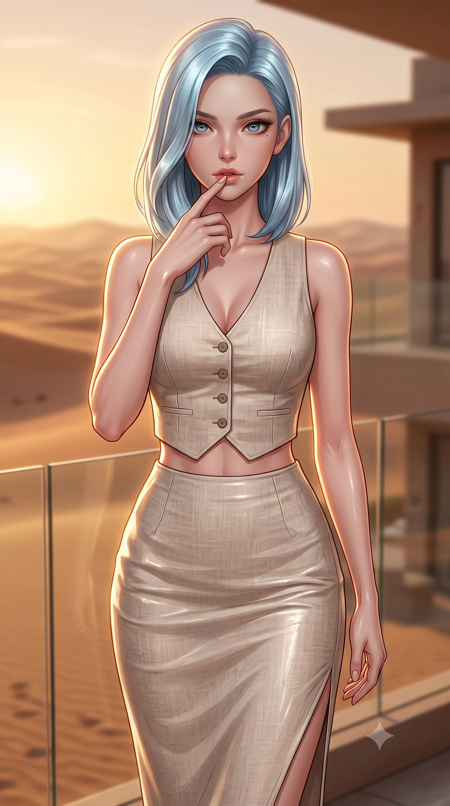 score_9, masterpiece, best quality, ultra-detailed, high-budget anime keyframe, editorial fashion photography, tasteful artistic composition, Korean woman. close-up cowboy shot from the waist and thighs up, the character dominates the composition, filling the frame with her large presence, background elements kept in soft focus. pressing one finger to her bottom lip in a thoughtful, seductive gesture under the warm sun the background shows a soft-focus a desert villa balcony with glass railings, looking out at the endless sand dunes. She has an exceptionally elegant, slender, and willowy female figure with an ultra-slim waist, a gracefully sculpted slender torso, and a refined silhouette. sharp v-shaped jawline, high-bridge nose, intricate jewel-like eyes with depth, thick eyelashes, glossy lips with a natural sheen. wearing a tailored tailored vacation outfit of a linen crop vest and a matching side-slit midi skirt, revealing a subtle waist cutout. warm golden hour sunset tracing her silhouette with a soft glowing rim light. ultra-reflective glossy finish, specular highlights, metallic sheen, high-contrast stereoscopic depth, volumetric dynamic lighting, 2k, ultra detail, master piece, 9:16 ratio