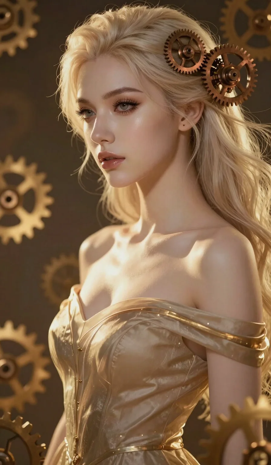 Create a high-quality professional image of: score_9, masterpiece, best quality, ultra-detailed, highend animation style, an incredibly beautiful ethereal Caucasian woman with flawless pale skin (strictly human ears). Close-up portrait filling more than half of the frame. She is a clockmaker's daughter who found a way to stop time, standing still as golden cogs float around her. She has an absolutely perfect petite and compact proportion, a petite female figure with a delicate skinny figure. Her face is a highly detailed masterpiece featuring a v-shaped jawline, high-bridge nose, intricate jewel-like eyes, thick eyelashes, and glossy lips. She has platinum blonde flowing hair with copper gears. She is wearing an off-shoulder sheer fabric dress, highlighting her alluring silhouette. Sepia-toned atmosphere with golden light, dramatic rim lighting, radiant glowing skin, cinematic dynamic light, 2k, ultra detail, master piece, 3:4 ratio. Use your image generation tool.