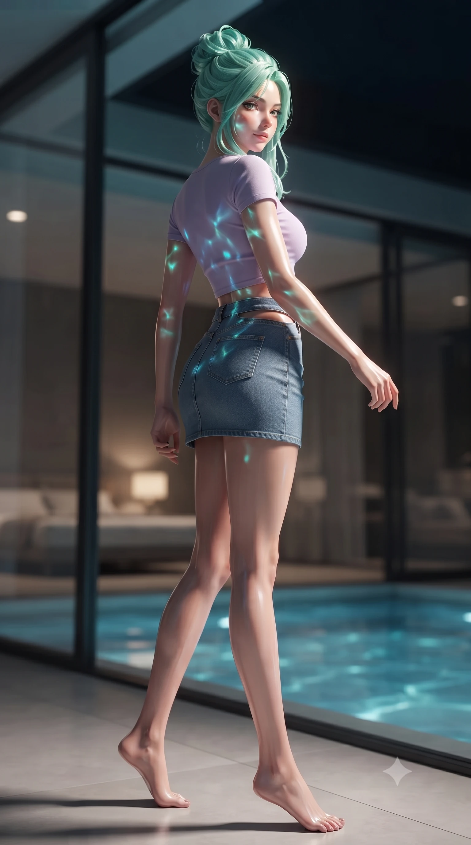 score_9, masterpiece, best quality, ultra-detailed, high-budget anime keyframe, editorial fashion photography, tasteful artistic composition, Japanese woman woman. low angle full-body shot from head to toe showing her feet, filling the entire 9:16 vertical frame with her statuesque presence, stretching her vertical silhouette. stepping gracefully while looking back over her shoulder, her dress draped tightly to reveal her silhouette the background shows a soft-focus a luxury villa bedroom with glass walls looking directly into a quiet private swimming pool. She has an absolutely perfect, statuesque 8.5-heads proportion, an exceptionally tall and slender model-like female figure with impossibly long slender legs and an ultra-slim waist. sharp v-shaped jawline, high-bridge nose, intricate jewel-like eyes with depth, thick eyelashes, glossy lips with a natural sheen. wearing a body-hugging modern crop top in lavender cotton paired with a low-rise denim skirt and a subtle waist cut-out. shifting aqua light reflections from the pool water mapping across her features. ultra-reflective glossy finish, specular highlights, metallic sheen, high-contrast stereoscopic depth, volumetric dynamic lighting, 2k, ultra detail, master piece, 9:16 ratio