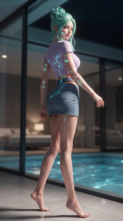 score_9, masterpiece, best quality, ultra-detailed, high-budget anime keyframe, editorial fashion photography, tasteful artistic composition, Japanese woman woman. low angle full-body shot from head to toe showing her feet, filling the entire 9:16 ve