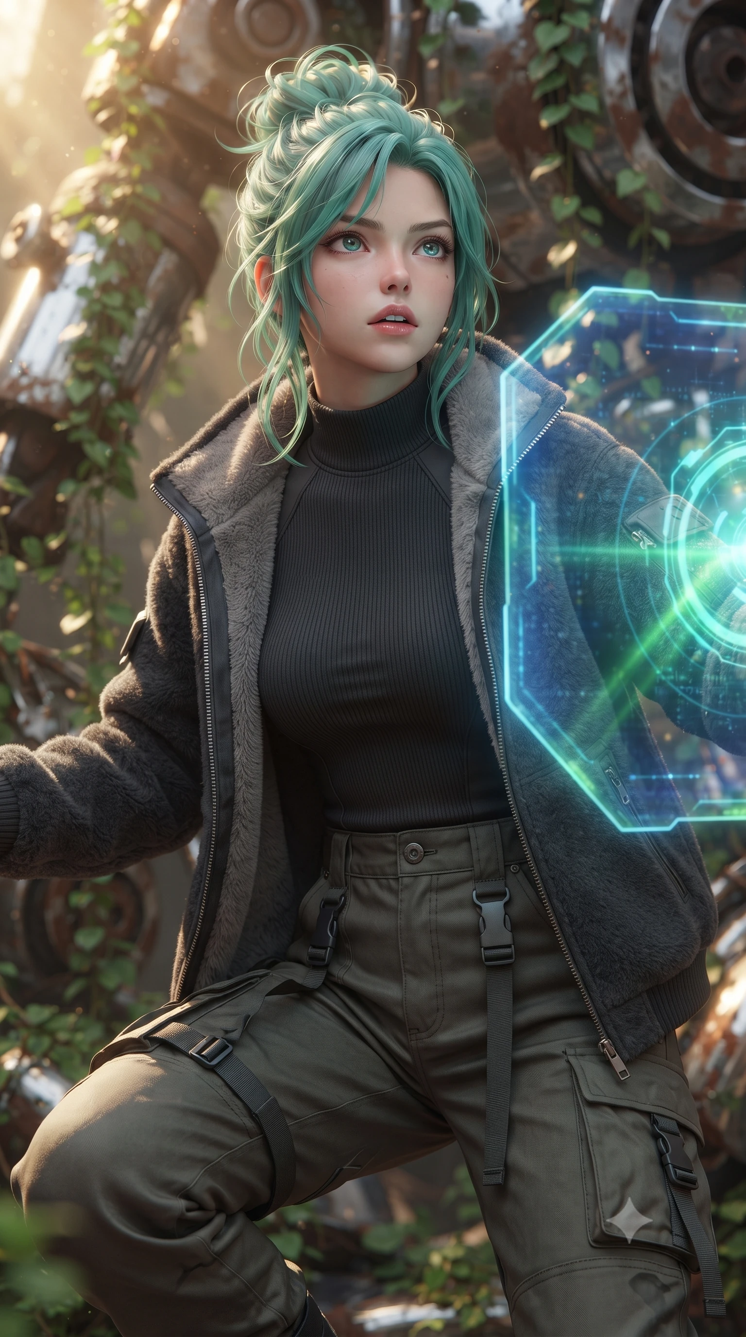 score_9, masterpiece, best quality, ultra-detailed, high-budget anime keyframe, editorial fashion photography, tasteful artistic composition, Japanese woman. close-up cowboy shot from the waist and thighs up, the character dominates the composition, filling the frame with her large presence, background elements kept in soft focus. crouching slightly behind a glowing holographic shield emitter, looking up with defiance and lips slightly parted, the background shows a soft-focus a mechanical arm graveyard where green vines climb up rusted chrome plating. She has an exceptionally elegant, slender, and willowy female figure with an ultra-slim waist, a gracefully sculpted slender torso, and a refined silhouette. sharp v-shaped jawline, high-bridge nose, intricate jewel-like eyes with depth, thick eyelashes, glossy lips with a natural sheen. wearing a body-hugging comfortable charcoal fleece flight jacket over a protective high-neck undershirt and utility cargo pants. soft green moss glow refracting on chrome plating under golden afternoon sunbeams. ultra-reflective glossy finish, specular highlights, metallic sheen, high-contrast stereoscopic depth, volumetric dynamic lighting, 2k, ultra detail, master piece, 9:16 ratio