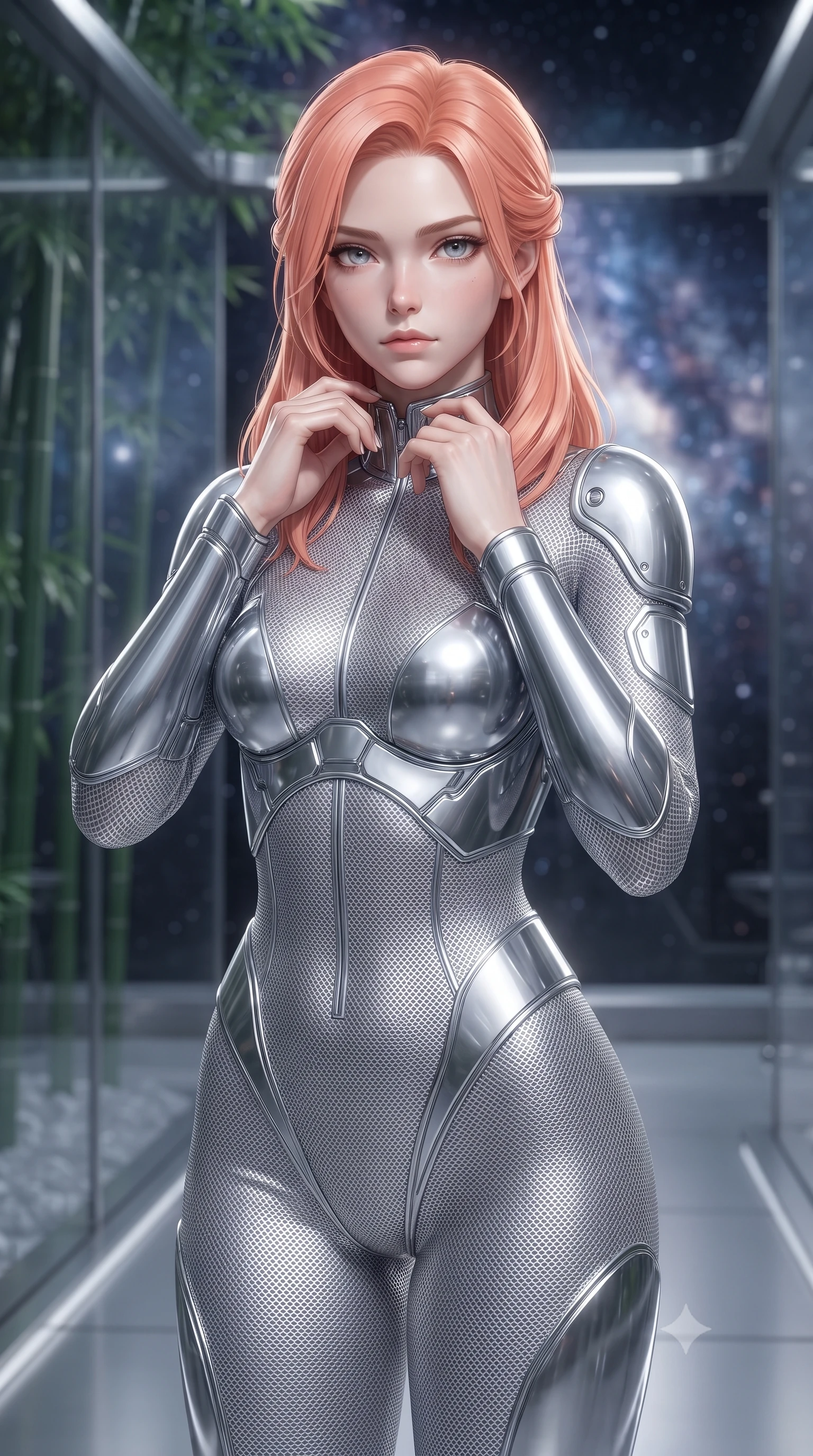score_9, masterpiece, best quality, ultra-detailed, high-budget anime keyframe, editorial fashion photography, tasteful artistic composition, Japanese woman. close-up cowboy shot from the waist and thighs up, the character dominates the composition, filling the frame with her large presence, background elements kept in soft focus. adjusting the high collar of her body-hugging suit, looking past the camera with quiet, sharp focus and a composed expression, the background shows a soft-focus a bamboo forest observatory looking at a galaxy nebula in stardust. She has an exceptionally elegant, slender, and willowy female figure with an ultra-slim waist, a gracefully sculpted slender torso, and a refined silhouette. sharp v-shaped jawline, high-bridge nose, intricate jewel-like eyes with depth, thick eyelashes, glossy lips with a natural sheen. wearing a form-contouring delicate silver nano-mesh bodysuit with strategically placed chrome armor plate guards covering key curves. soft silver starlight wrapping her statuesque posture in a quiet mood. ultra-reflective glossy finish, specular highlights, metallic sheen, high-contrast stereoscopic depth, volumetric dynamic lighting, 2k, ultra detail, master piece, 9:16 ratio