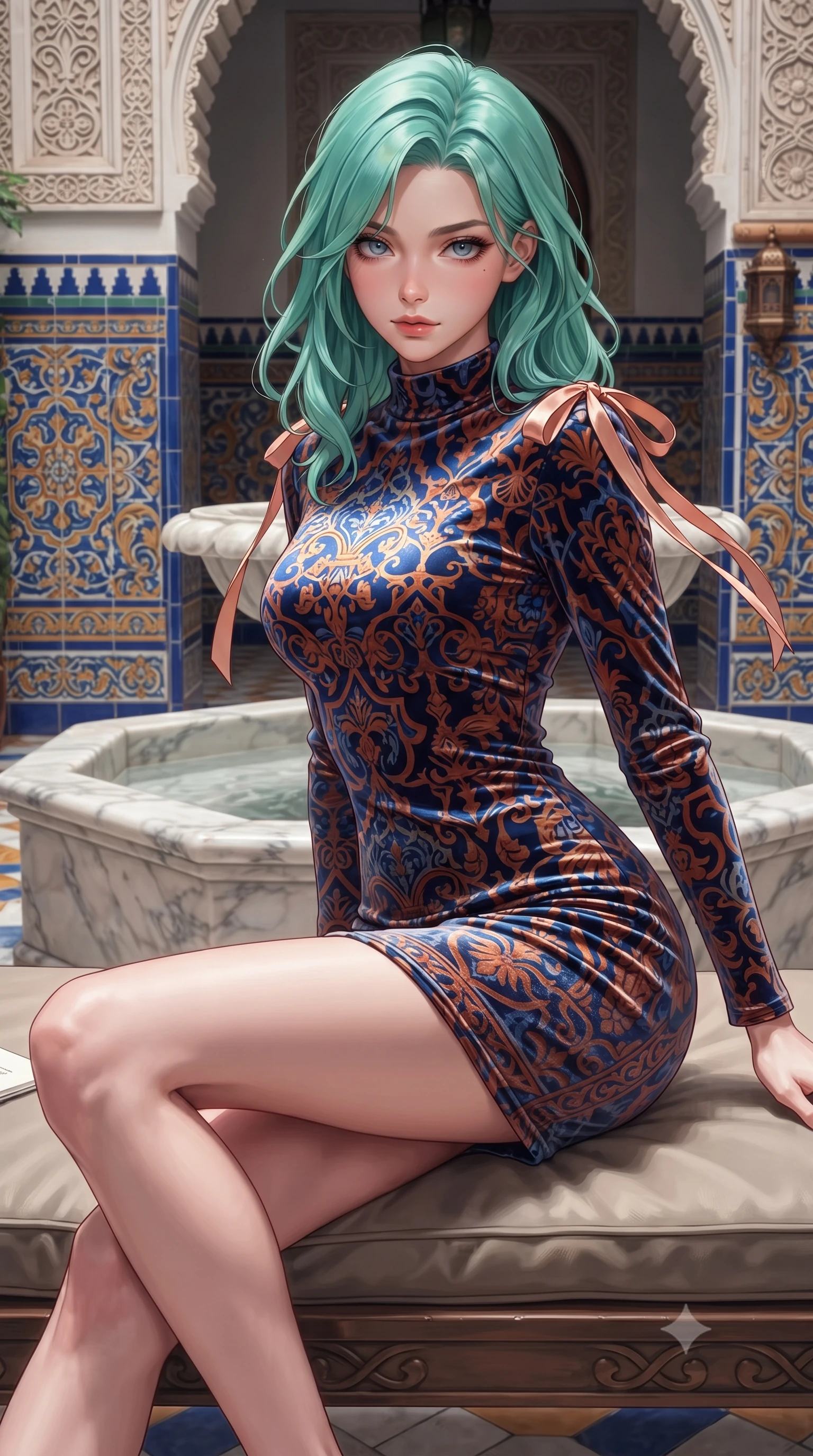 score_9, masterpiece, best quality, ultra-detailed, high-budget anime keyframe, editorial fashion photography, tasteful artistic composition, Japanese woman. close-up cowboy shot from the waist and thighs up, the character dominates the composition, filling the frame with her large presence. perched sideways on the lounge seat, one knee drawn up to showcase her slender leg line while her arched back accentuates her feminine hip curve while leaning against the marble fountain basin with hips cocked back, casting an irresistible smoldering bedroom-gaze over the tranquil loggias. The surrounding environment is rendered in vivid detail and crisp panoramic clarity: sharp vibrant blue and ochre cuenca azulejo ceramic tile reliefs, Genoese marble fountain carvings, and Renaissance stucco tracery in deep focus. She has an exceptionally elegant, slender, and willowy female figure with an ultra-slim waist, flat toned midriff, narrow ribcage, and sculpted feminine hips creating an alluring, slim hourglass silhouette without bulk. sharp v-shaped jawline, high-bridge nose, intricate jewel-like sparkling eyes with depth, thick eyelashes, glossy parted lips with a natural peach sheen, bright cheerful beaming smile with an enchanting and coquettish sensual glint, exuding both youthful cute charm and seductive allure, flawlessly proportioned anatomical accuracy, strict slender model proportions, natural body alignment, perfectly sculpted long slender limbs, ultra-slim waistline, clean dynamic posture without body distortion. wearing a tailored velvet bodycon cocktail dress with long fitted sleeves and mock neck in Andalusian Alhambra azulejo cobalt and warm terracotta copper, tailored from ultra-plush silk velvet with rich tactile depth and deep shadow gradients, finished with satin ribbon ties at the shoulders fluttering in the gentle breeze, the form-contouring silhouette accentuating her sculpted flat midriff, narrow delicate ribcage, and gracefully curvy hips with intoxicating allure. illuminated by azulejo tile specular reflections and sharp rose-gold rim lights defining her razor-sharp jawline, narrow waist, and curvy hips. ultra-reflective glossy finish, specular highlights, rich textural contrasts, high-contrast stereoscopic depth, volumetric dynamic lighting, 2k, ultra detail, master piece, 9:16 ratio