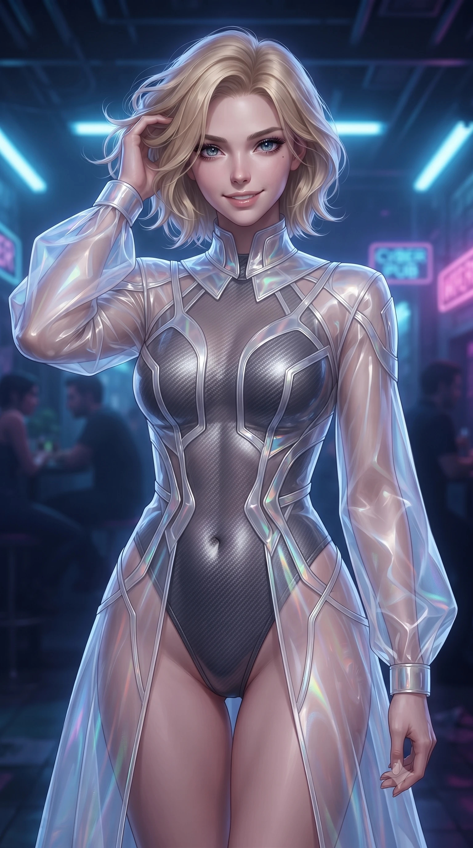 score_9, masterpiece, best quality, ultra-detailed, high-budget anime keyframe, editorial fashion photography, tasteful artistic composition, Caucasian woman. close-up cowboy shot from the waist and thighs up, the character dominates the composition, filling the frame with her large presence, background elements kept in soft focus. slowly running a hand through her hair, smiling with quiet, magnetic self-assurance directly into the camera, the background shows a soft-focus a dimly lit cyber-pub entrance with flickering blue fluorescent tubes. She has an exceptionally elegant, slender, and willowy female figure with an ultra-slim waist, a gracefully sculpted slender torso, and a refined silhouette. sharp v-shaped jawline, high-bridge nose, intricate jewel-like eyes with depth, thick eyelashes, glossy lips with a natural sheen. wearing a tailored sheer white holographic organza combat gown worn over a high-cut carbon-fiber leotard. low-contrast blue and violet ambient glow casting mysterious side rim-lights. ultra-reflective glossy finish, specular highlights, metallic sheen, high-contrast stereoscopic depth, volumetric dynamic lighting, 2k, ultra detail, master piece, 9:16 ratio