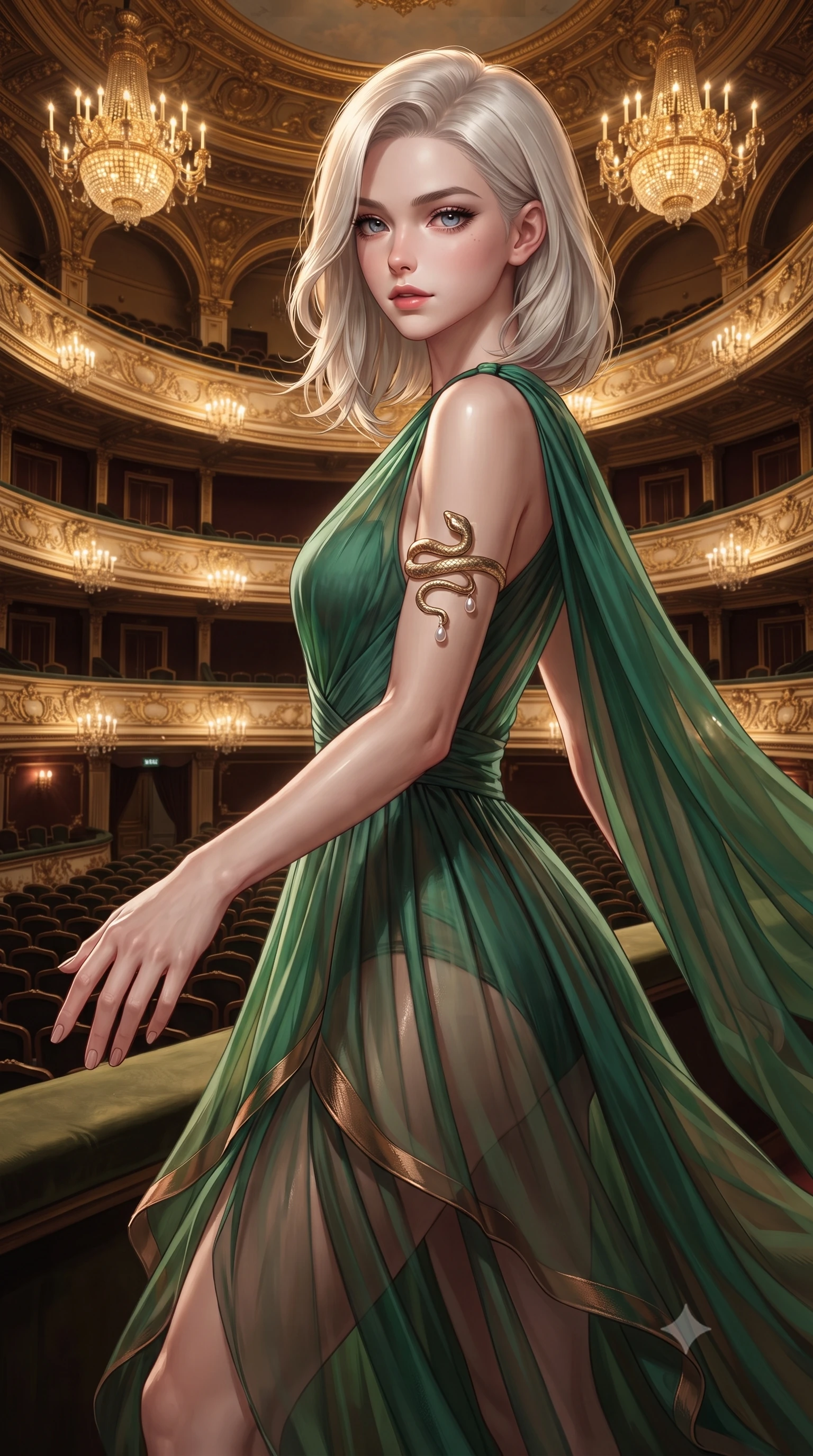 score_9, masterpiece, best quality, ultra-detailed, high-budget anime keyframe, editorial fashion photography, tasteful artistic composition, Caucasian woman. close-up cowboy shot from the waist and thighs up, the character dominates the composition, filling the frame with her large presence. extending one slender arm gracefully toward the foreground while casting an affectionate, mesmerizing glance while stepping along the private opera loge walkway with sweeping couture elegance and magnetic charisma. The surrounding environment is rendered in vivid detail and crisp panoramic clarity. high-contrast royal chiaroscuro and breathtaking neoclassical theater architecture rendered in precision. She has an exceptionally elegant, slender, and willowy female figure with an ultra-slim waist, a gracefully sculpted slender torso, toned flat midriff, and a refined slim silhouette. sharp v-shaped jawline, high-bridge nose, intricate jewel-like eyes with depth, thick eyelashes, glossy lips with a natural sheen, captivating and magnetic expression, flawlessly proportioned anatomical accuracy, strict slender model proportions, natural body alignment, perfectly sculpted long slender limbs, ultra-slim waistline, clean dynamic posture without body distortion. wearing an ethereal emerald-green silk chiffon gown with an asymmetric shoulder drape and sheer layered skirt in deep emerald green and bronze, woven from airy multi-layered silk chiffon with a weightless drape, accented with a sculptured gold serpent armlet and pearl drops, the glove-like aerodynamic second-skin fit tightly clinging to her ultra-slender waist and athletic curves without adding bulk, accentuating her razor-sharp statuesque lines and slim hourglass silhouette. bathed in opulent golden chandelier illumination and rich ambient amber warmth. ultra-reflective glossy finish, specular highlights, rich textural contrasts, high-contrast stereoscopic depth, volumetric dynamic lighting, 2k, ultra detail, master piece, 9:16 ratio