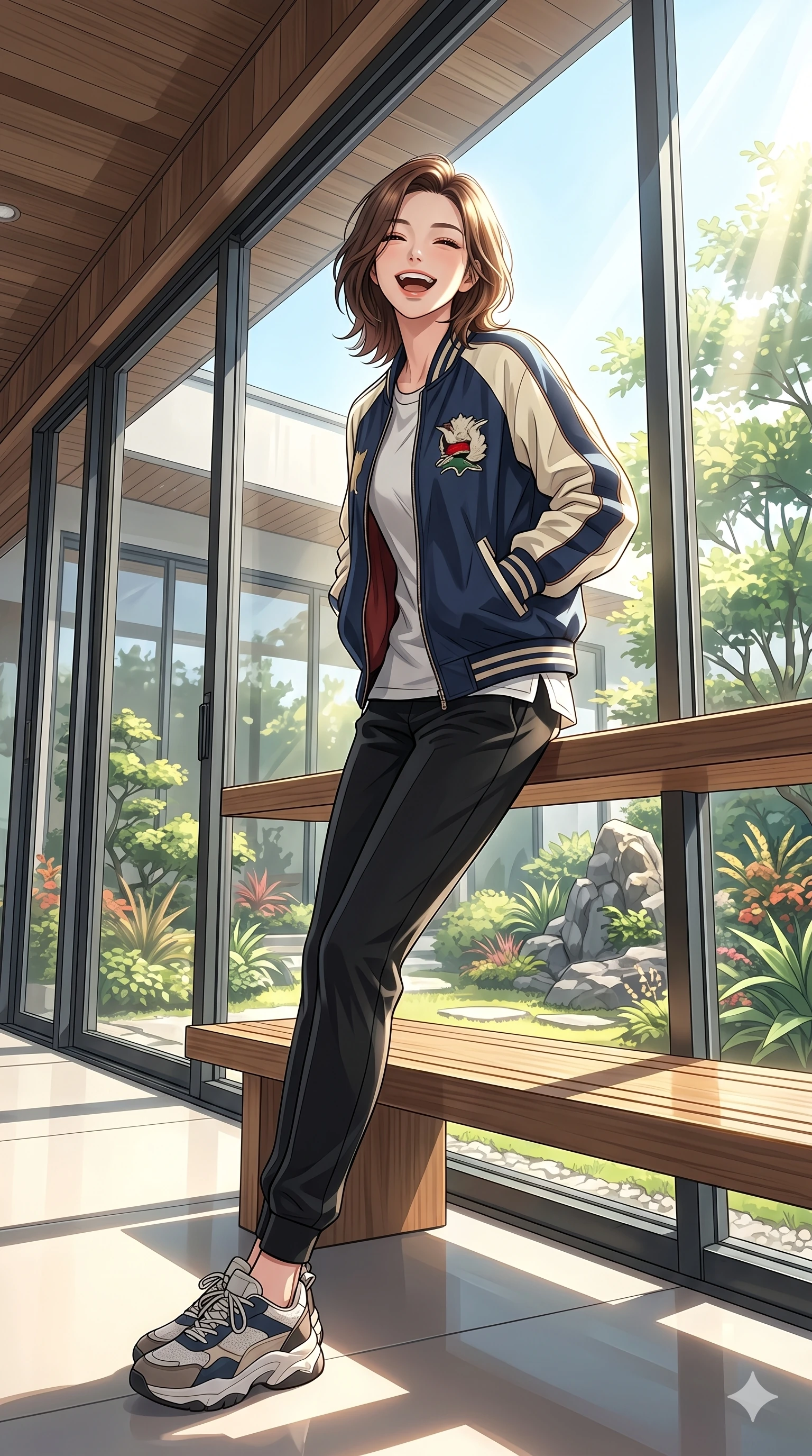 score_9, masterpiece, best quality, ultra-detailed, high-budget anime keyframe, vibrant anime aesthetic, Korean woman. low angle full-body shot from head to toe showing her feet, filling the entire 9:16 vertical frame with her statuesque presence, stretching her vertical silhouette. She is leaning back with a cheerful laugh, looking directly into the camera lens inside a modern architectural villa with large sliding glass walls showing a sunlit garden (Code-P20-029). She has an absolutely perfect 8-heads proportion, an exceptionally tall and slender female figure with impossibly long slender legs and an ultra-slim waist. V-shaped jawline, high-bridge nose, intricate jewel-like eyes with depth, thick eyelashes, glossy lips with a natural sheen. wearing a designer bomber jacket over a cotton shirt and track pants. She is bathed in brilliant midday sunbeams, casting sharp highlights that outline her slim waist. 2k, ultra detail, master piece, 9:16 ratio