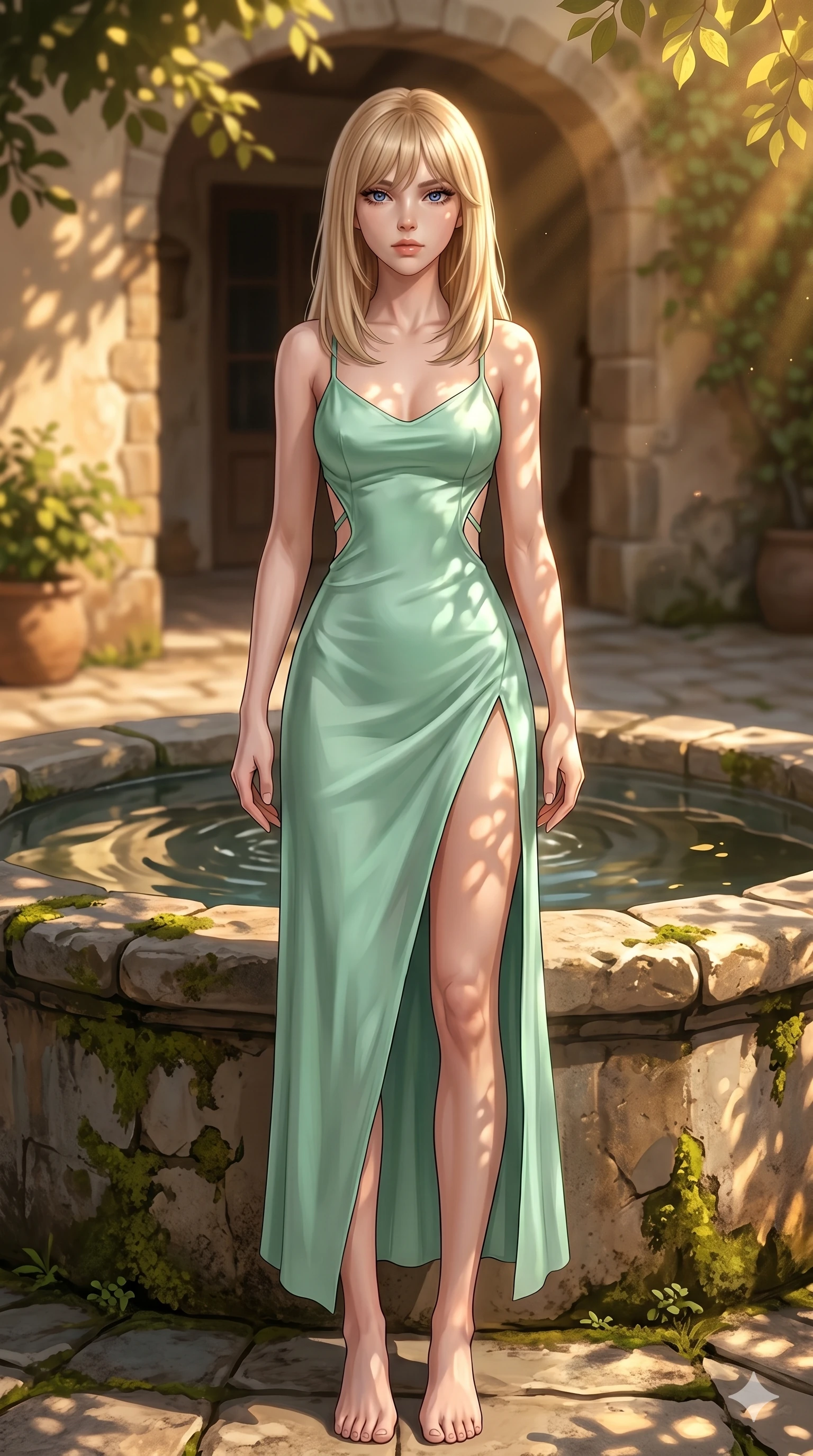 score_9, masterpiece, best quality, ultra-detailed, high-budget anime keyframe, editorial fashion photography, tasteful artistic composition, Japanese woman. cowboy shot from the thighs up, character and outfit filling the frame for maximum editorial presence. looking down at the viewer with a haughty, composed and cool expression, her shoulders relaxed standing by a rustic stone fountain in a quiet private courtyard of a Tuscan villa (Code-P057). She has an absolutely perfect 8-heads proportion, an exceptionally tall and slender female figure with impossibly long slender legs and an ultra-slim waist. V-shaped jawline, high-bridge nose, intricate jewel-like eyes with depth, thick eyelashes, glossy lips with a natural sheen. wearing a mint green silk slip dress with an open-back design and a high front slit. bathed in warm, golden afternoon sunbeams casting soft organic shadows of leaves on her skin. 2k, ultra detail, master piece, 9:16 ratio