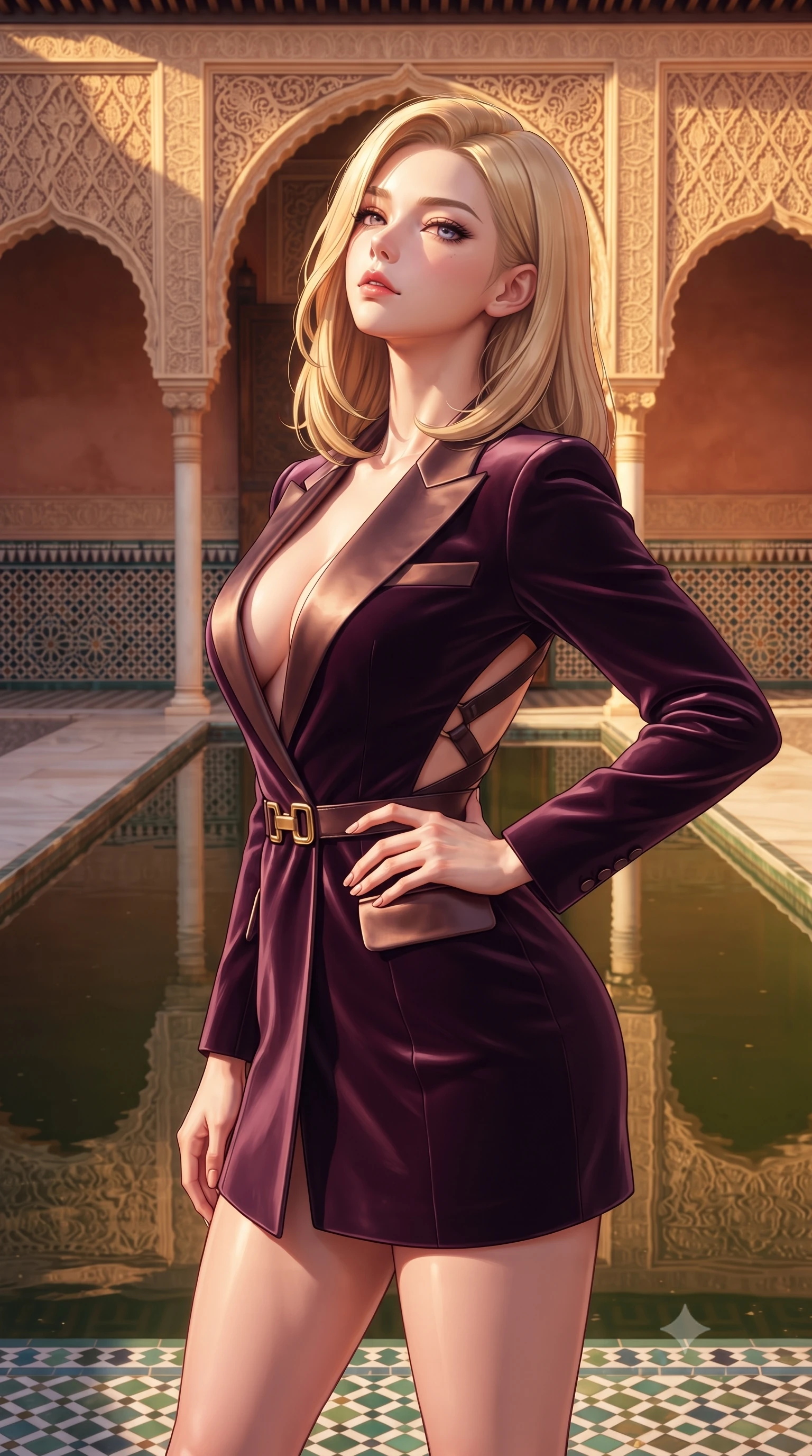 score_9, masterpiece, best quality, ultra-detailed, high-budget anime keyframe, semi-realistic 3D game render, editorial fashion photography, tasteful artistic composition, Korean woman. close-up cowboy shot from the waist and thighs up, the character dominates the composition, filling the frame with her large presence. tilting her chin up with proud, sovereign allure while gazing through thick eyelashes, one hand resting on her waist in pure supermodel charisma while standing at the edge of the long sunken reflecting pool, arching her lower back as multi-lobed Moorish plaster arches reflect in mirror-still water. The surrounding environment is rendered in vivid detail and crisp panoramic clarity. sharp geometric zellige tilework, intricate plaster arabesques, and pool water surface tension in deep focus. She has an exceptionally elegant, slender, and willowy female figure with an ultra-slim waist, flat toned midriff, narrow ribcage, and sculpted feminine hips creating an alluring, slim hourglass silhouette without bulk. sharp v-shaped jawline, high-bridge nose, intricate jewel-like eyes with depth, thick eyelashes, glossy parted lips with a natural sheen, intensely captivating and seductive bedroom-eyes expression, flawlessly proportioned anatomical accuracy, strict slender model proportions, natural body alignment, perfectly sculpted long slender limbs, ultra-slim waistline, clean dynamic posture without body distortion. wearing a tailored velvet tuxedo jacket dress with satin lapels, worn with a deep plunge neckline and gold hip buckle in deep plum violet and antique bronze, tailored from ultra-smooth duchess satin with a pearlescent sheen, featuring an open-back criss-cross harness strap in dark leather, the liquid-tight tailored fabric clinging flawlessly to her narrow waist and rounded feminine hips, emphasizing every millimeter of her sculpted slim hourglass curves without any bulky heaviness. bathed in rich golden hour Andalusian sunset backlighting and warm terracotta wall bounce fill. highly saturated vibrant anime colors, detailed shading with soft gradients, rich glossy textures, high-contrast stereoscopic depth, volumetric dynamic lighting, master piece, 9:16 ratio