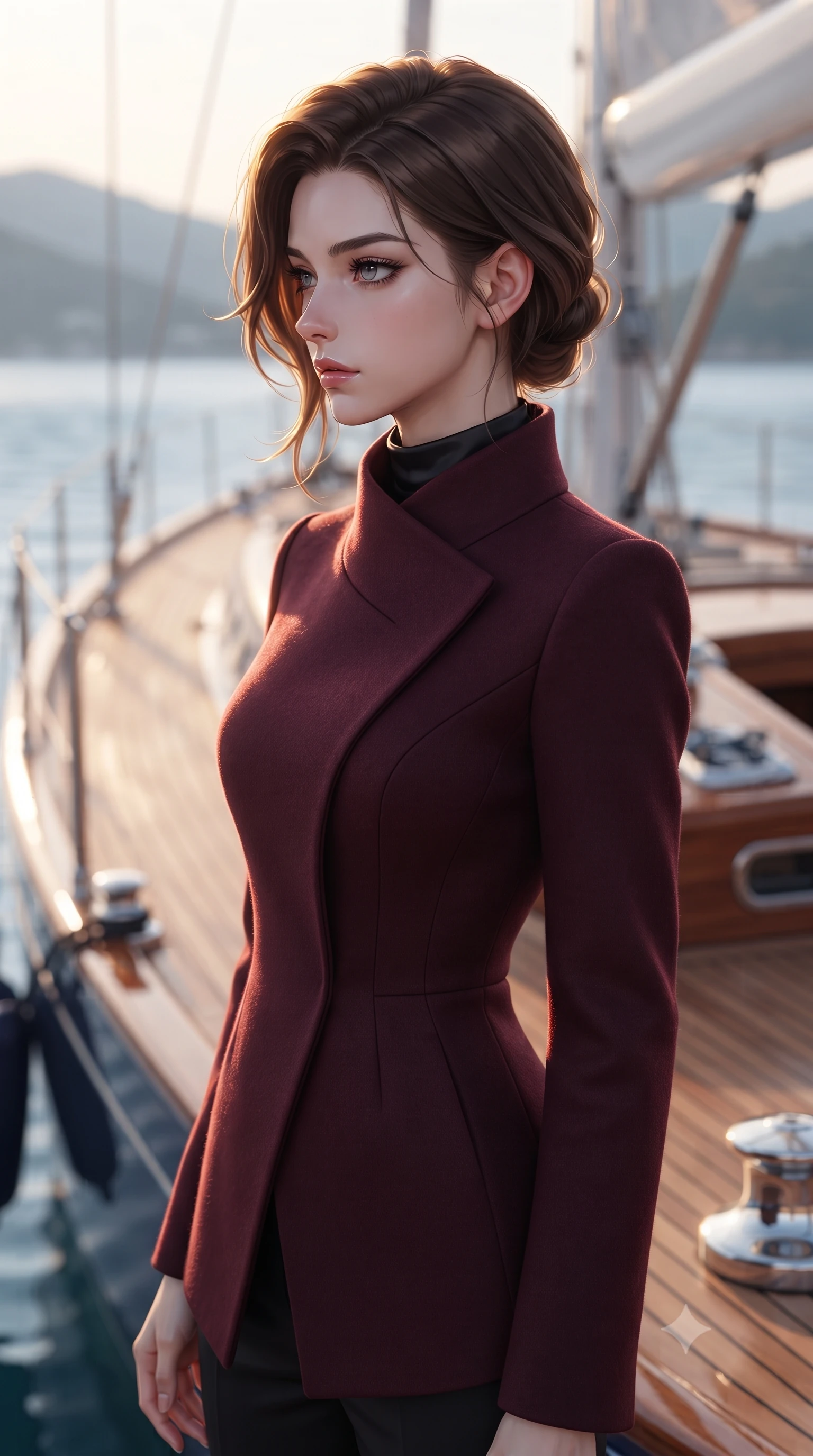score_9, masterpiece, best quality, ultra-detailed, high-budget anime keyframe, editorial fashion photography, tasteful artistic composition, Korean woman woman. close-up cowboy shot from the waist and thighs up, the character dominates the composition, filling the frame with her large presence, background elements kept in soft focus. turning her face in sharp profile, casting a cold, mysterious, yet intensely alluring side gaze, the background shows a soft-focus the wooden deck of a luxury sailing yacht docked in a quiet private bay. She has an exceptionally elegant, slender, and willowy female figure with an ultra-slim waist, a gracefully sculpted slender torso, and a refined silhouette. sharp v-shaped jawline, high-bridge nose, intricate jewel-like eyes with depth, thick eyelashes, glossy lips with a natural sheen. wearing a tailored tailored asymmetric jacket in deep burgundy wool with a high wrap collar, over a black silk mock-neck blouse. warm golden hour light tracing her silhouette with a soft glowing rim light. ultra-reflective glossy finish, specular highlights, metallic sheen, high-contrast stereoscopic depth, volumetric dynamic lighting, 2k, ultra detail, master piece, 9:16 ratio