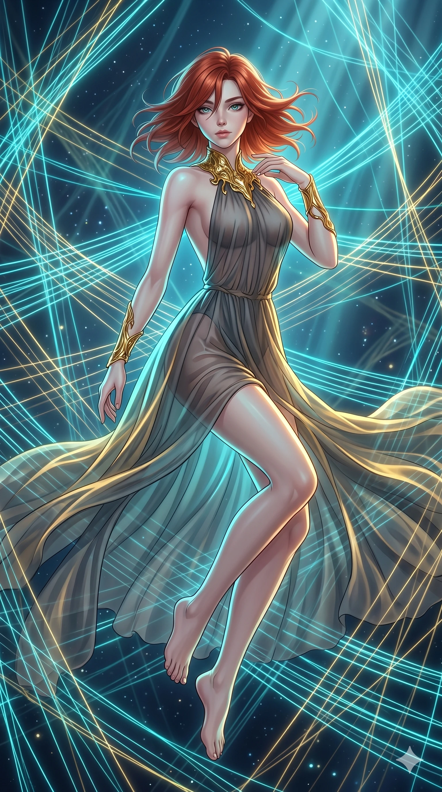 score_9, masterpiece, best quality, ultra-detailed, high-budget anime keyframe, Japanese woman. upper body close-up from the thighs up, character filling the screen for maximum presence. floating suspended in an ethereal loom room where millions of luminescent cyan and gold threads intersect and weave geometric patterns. She has an absolutely perfect 8-heads proportion, an exceptionally tall and slender female figure with impossibly long slender legs and an ultra-slim waist. V-shaped jawline, high-bridge nose, intricate jewel-like eyes with depth, thick eyelashes, glossy lips with a natural sheen.. wearing a molten gold and chiffon gown, featuring organic liquid gold collar and cuffs on a translucent charcoal-gray halter neck chiffon gown with a deep backless design. bathed in brilliant cinematic volumetric lighting and intense neon rim light highlighting her slender form. 2k, ultra detail, master piece, 9:16 ratio