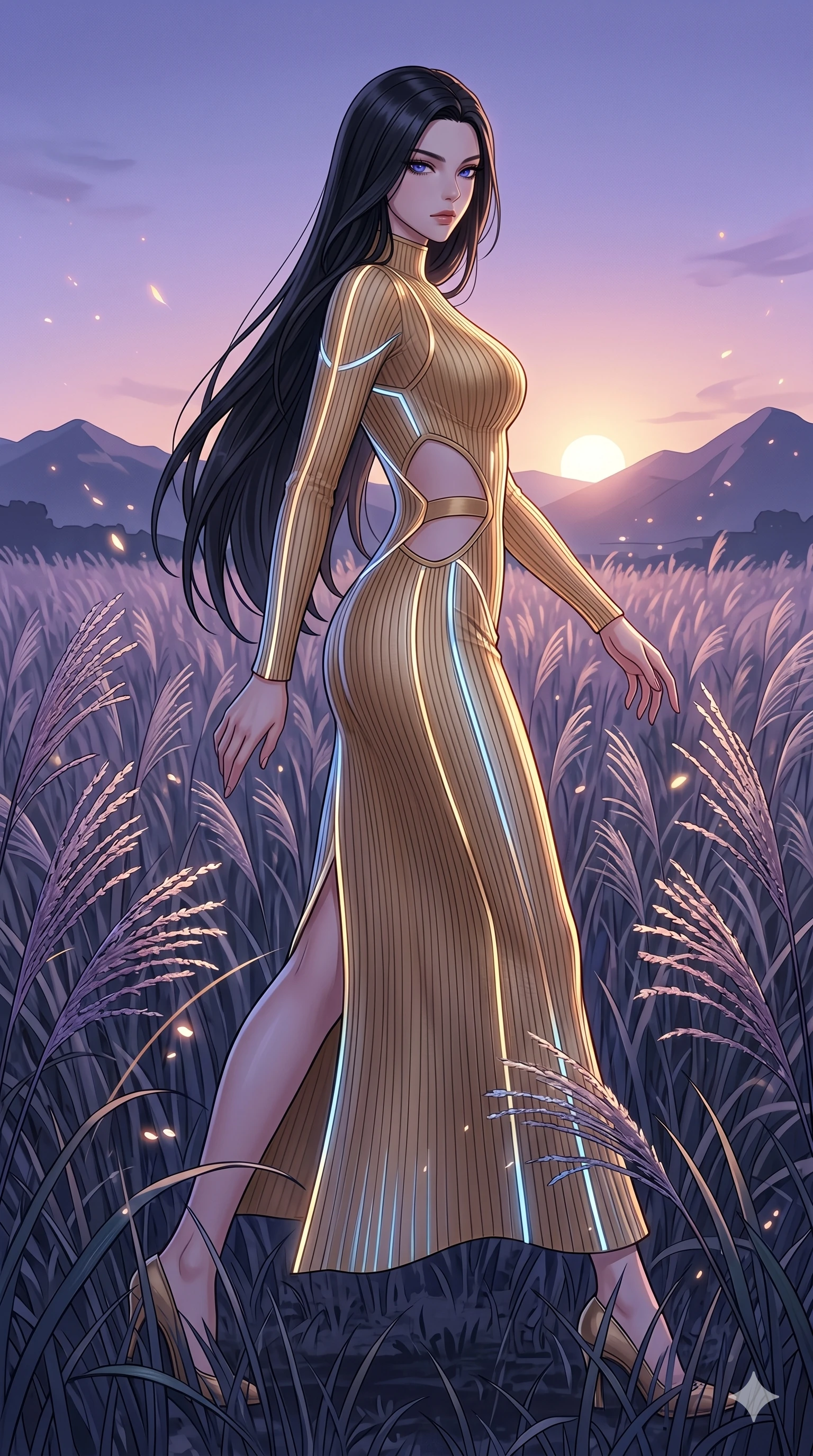score_9, masterpiece, best quality, ultra-detailed, High-budget Anime Keyframe, East Asian woman. Dynamic full-body shot stretching the vertical silhouette to the limit. Scenario 58: Walking through a field of tall silver grass at twilight. Her presence is magnetic and overpowering in this high-budget anime scene. Outfit 58: A ribbed bodycon knit gold with a strategic side cut-outs and glowing LED seams. The clothing is designed to emphasize her exceptionally tall and slender 8-heads proportion. 8-heads proportion, towering silhouette, ultra-slim waist. sharp v-shaped jawline, intricate jewel-like eyes with depth, thick eyelashes, glossy lips. 2k, ultra detail, master piece, 9:16 ratio