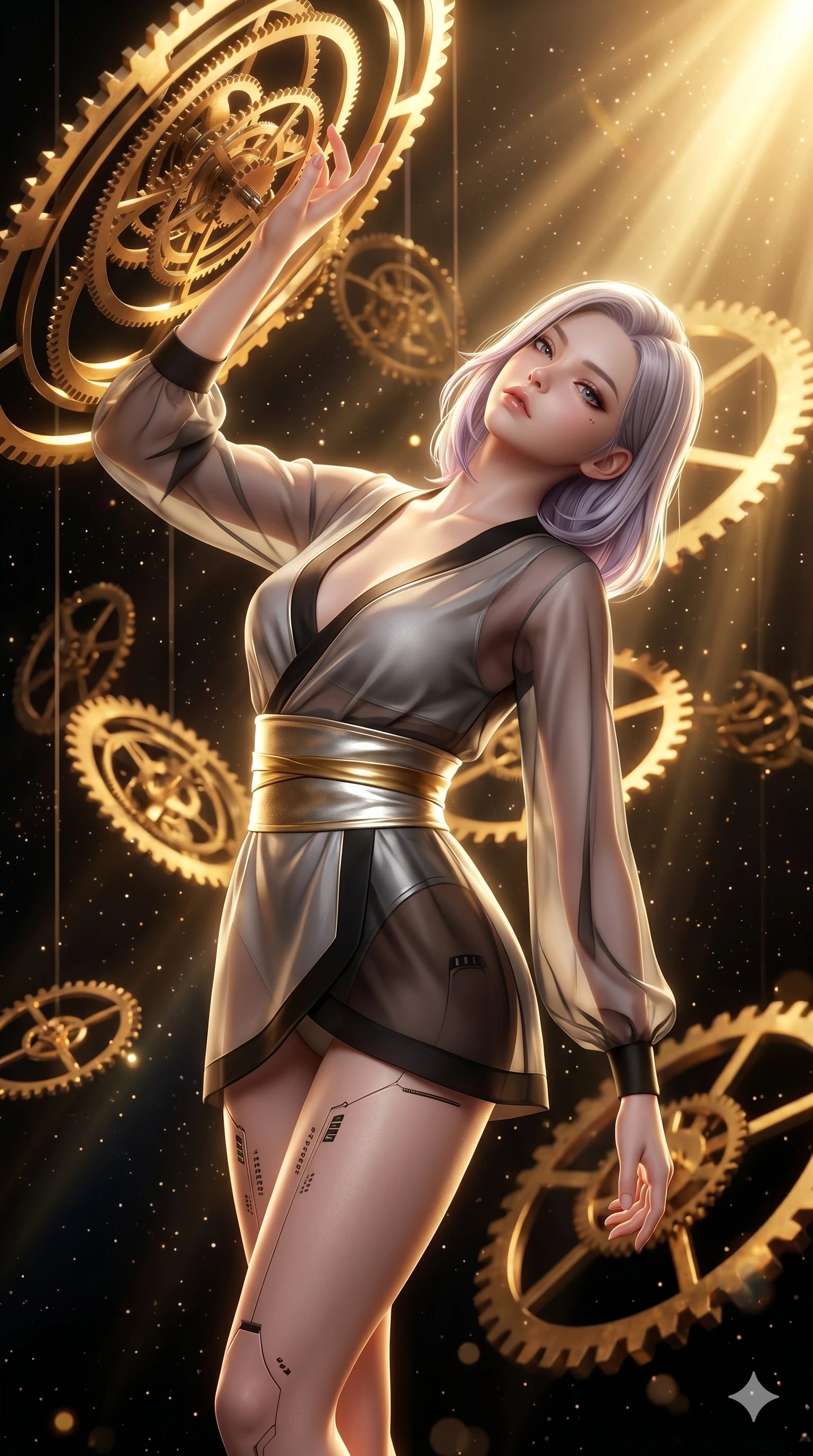 score_9, masterpiece, best quality, ultra-detailed, high-budget anime keyframe, semi-realistic 3D game render, Caucasian woman, strictly human ears. Upper body close-up from the thighs up, character filling the screen for maximum presence. She is intertwined with massive floating gold gears and clockwork mechanisms suspended in a void. She arches her spine backwards, looking at the camera with a dreamy, sensual gaze. She has an absolutely perfect 8-heads proportion, an exceptionally tall and slender female figure with impossibly long slender legs and an ultra-slim waist. V-shaped jawline, high-bridge nose, intricate jewel-like eyes with depth, thick eyelashes, glossy lips with a natural sheen. She is wearing a shortened cyber-fusion wrap top with transparent chiffon panels, a deep crossover neckline, and a high-waisted metallic sash that accentuates her ultra-slim waist. The scene is illuminated by warm, blindingly bright golden spotlights and sharp volumetric light rays. 2k, ultra detail, master piece, 9:16 ratio