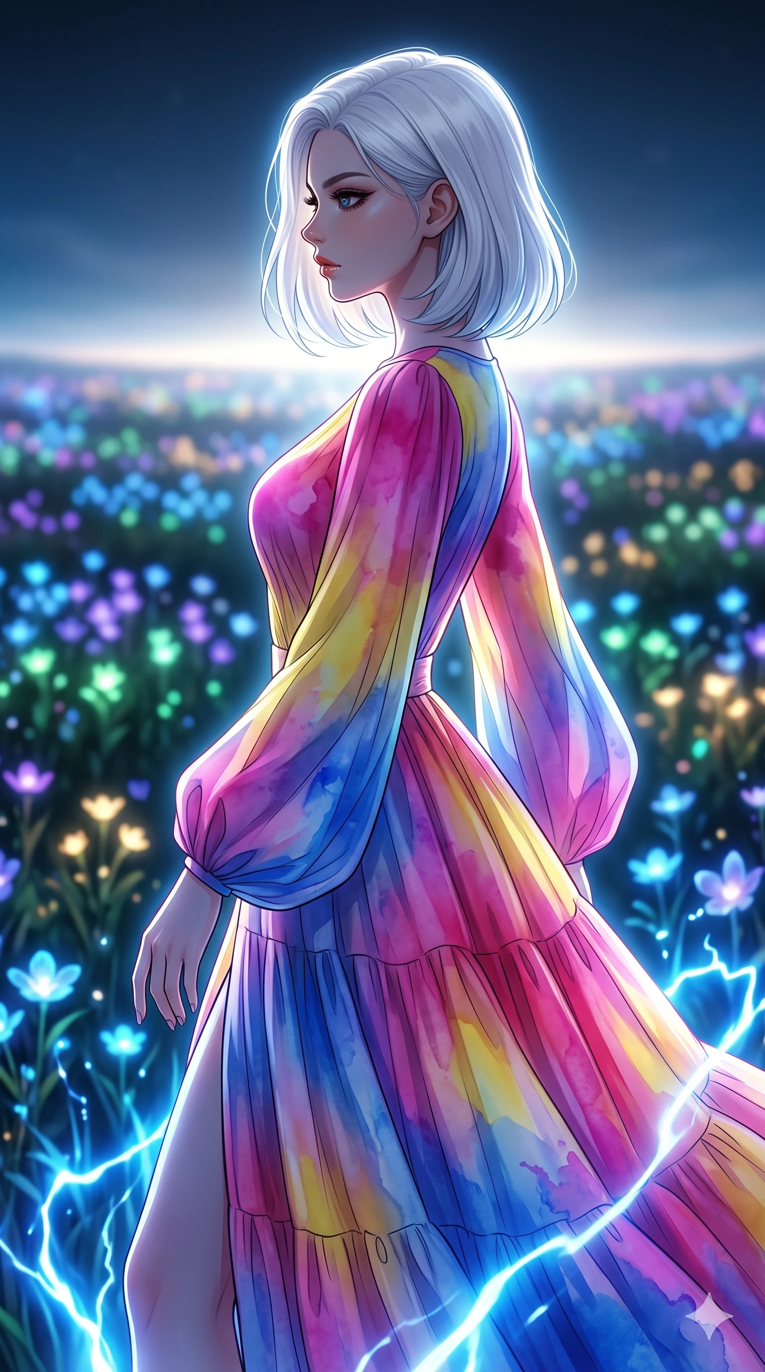 score_9, masterpiece, best quality, ultra-detailed, high-budget anime keyframe, editorial fashion photography, tasteful artistic composition, Korean woman. close-up cowboy shot from the waist and thighs up, the character dominates the composition, filling the frame with her large presence, background elements kept in soft focus. Turning her face in sharp dramatic profile against the light. set against a soft-focus background of a midnight meadow stretching to the horizon where every flower emits its own soft bioluminescent glow in different colors creating a landscape of living light in blue violet green and gold. She has an exceptionally elegant and slender, willowy female figure with an ultra-slim waist, a gracefully sculpted slender torso, and a refined slim physique. sharp v-shaped jawline, high-bridge nose, intricate jewel-like eyes with depth, thick eyelashes, glossy lips with a natural sheen. wearing a flowing tiered maxi dress in a vibrant watercolor gradient of magenta, sunshine yellow, and cobalt blue, featuring long blouson sleeves. pulsing electric blue plasma arc lighting rising dramatically from below. 2k, ultra detail, master piece, 9:16 ratio
