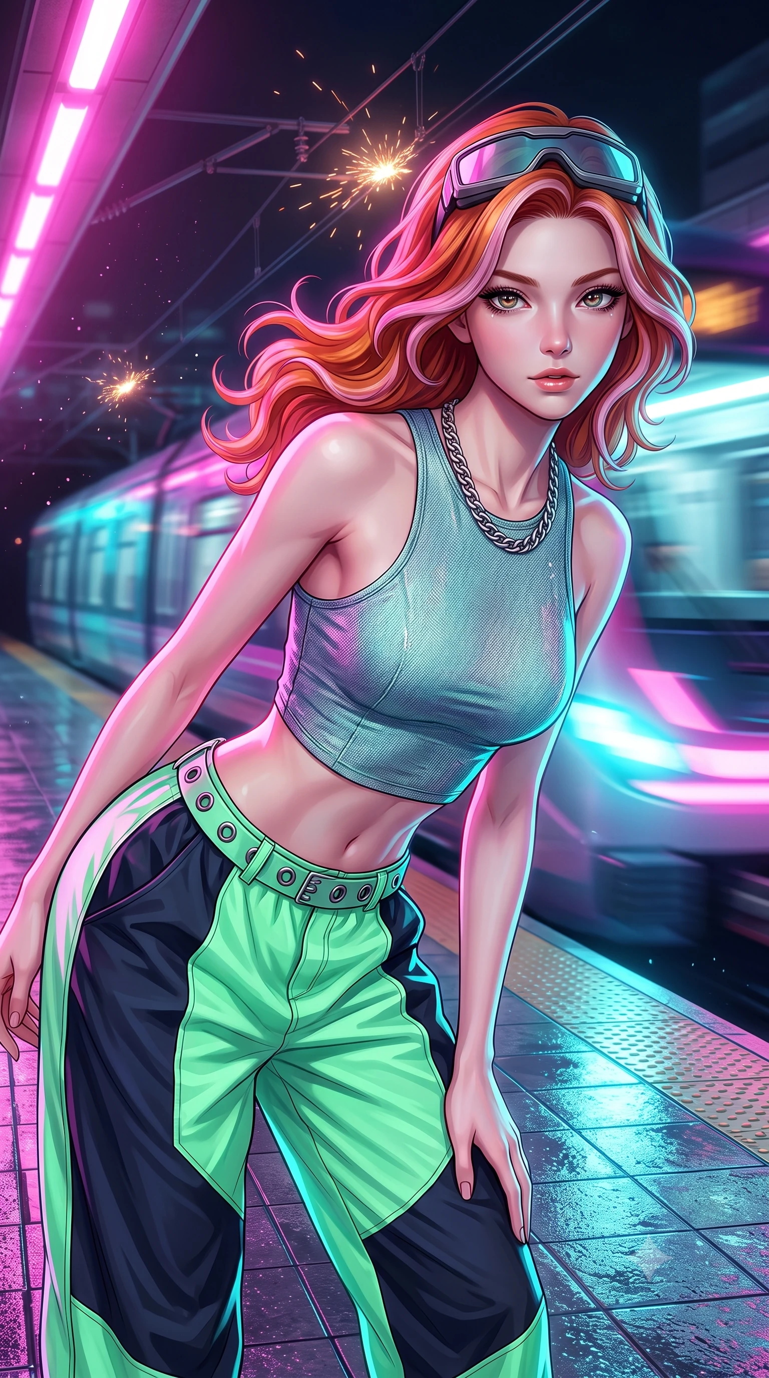 score_9, masterpiece, best quality, ultra-detailed, high-budget anime keyframe, semi-realistic 3D game render, editorial fashion photography, tasteful artistic composition, Caucasian woman. close-up cowboy shot from the waist and thighs up, the character dominates the composition, filling the frame with her large presence. leaning forward with playful, captivating grace, her sculpted collarbones and slender neckline highlighted by directional light while pivoting sharply on the wet tiled subway platform as an incoming neon-lit maglev train rushes past in a blur of light. The composition keeps background elements in soft focus with creamy bokeh. sparks from overhead power rails and floating dust particles catching neon light motes. She has an exceptionally elegant, slender, and willowy female figure with an ultra-slim waist, a gracefully sculpted slender torso, toned flat midriff, and a refined slim silhouette. sharp v-shaped jawline, high-bridge nose, intricate jewel-like eyes with depth, thick eyelashes, glossy lips with a natural sheen, captivating and magnetic expression, flawlessly proportioned anatomical accuracy, strict slender model proportions, natural body alignment, perfectly sculpted long slender limbs, ultra-slim waistline, clean dynamic posture without body distortion. wearing a Y2K racerback crop tank paired with oversized two-tone nylon windbreaker pants and a grommet belt in neon mint green and dark obsidian, tailored from distressed structured cotton denim with metallic thread, accessorized with a chunky silver chain necklace and cyber-visor goggles resting on her brow, the sleek tailored cut tightly hugging her graceful clavicle, narrow waist, and feminine curves with statuesque precision. bathed in high-contrast dual lighting of neon pink floodlights and electric cyan underlights. highly saturated vibrant anime colors, detailed shading with soft gradients, rich glossy textures, high-contrast stereoscopic depth, volumetric dynamic lighting, master piece, 9:16 ratio