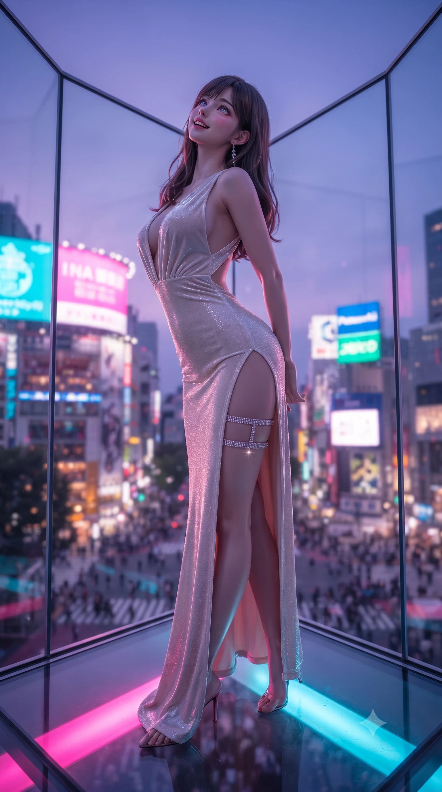 score_9, masterpiece, best quality, ultra-detailed, high-budget anime keyframe, editorial fashion photography, tasteful artistic composition, Korean woman. low angle full-body shot from head to toe showing her feet, filling the entire 9:16 vertical frame with her statuesque presence, stretching her vertical silhouette. sitting poised on the stone steps with one knee bent, arching her spine with supermodel elegance as she glances upward through thick eyelashes while standing poised on the glass corner platform 230 meters above Shibuya, arching her spine with supermodel poise as twilight deepens. The background shows a soft-focus colossal Shibuya Crossing with tiny pedestrian crowds, massive neon video billboards, and dense Tokyo skyline blurred into electric magenta, cyan, and amber bokeh. She has an exceptionally tall and slender model-like 8.5-heads proportion, an ultra-slim waist, a flat toned midriff, narrow delicate ribcage, and beautifully sculpted feminine hips creating a graceful, slim hourglass silhouette without any bulky heaviness, with impossibly long slender legs. sharp v-shaped jawline, high-bridge nose, intricate jewel-like sparkling eyes with depth, thick eyelashes, glossy parted lips with a natural peach sheen, bright cheerful beaming smile with an enchanting and coquettish sensual glint, exuding both youthful cute charm and seductive allure, flawlessly proportioned anatomical accuracy, strict slender model proportions, natural body alignment, perfectly sculpted long slender limbs, ultra-slim waistline, clean dynamic posture without body distortion. wearing a deep plunge-neck stretch velvet gown with a daring thigh-high side slit and open cowl back in pure pearl alabaster and iridescent rose gold, woven from stretch shimmer crepe adhering with glove-like precision, finished with delicate crystal-encrusted thigh garter straps glinting in the dim light, the high-slit wrap tailoring accentuating her ultra-slim waistline and the enchanting curve of her feminine hips with alluring seductive charm. bathed in the breathtaking contrast of violet dusk sky and blinding saturated neon magenta and cyan billboard backlighting. ultra-reflective glossy finish, specular highlights, rich textural contrasts, high-contrast stereoscopic depth, volumetric dynamic lighting, 2k, ultra detail, master piece, 9:16 ratio