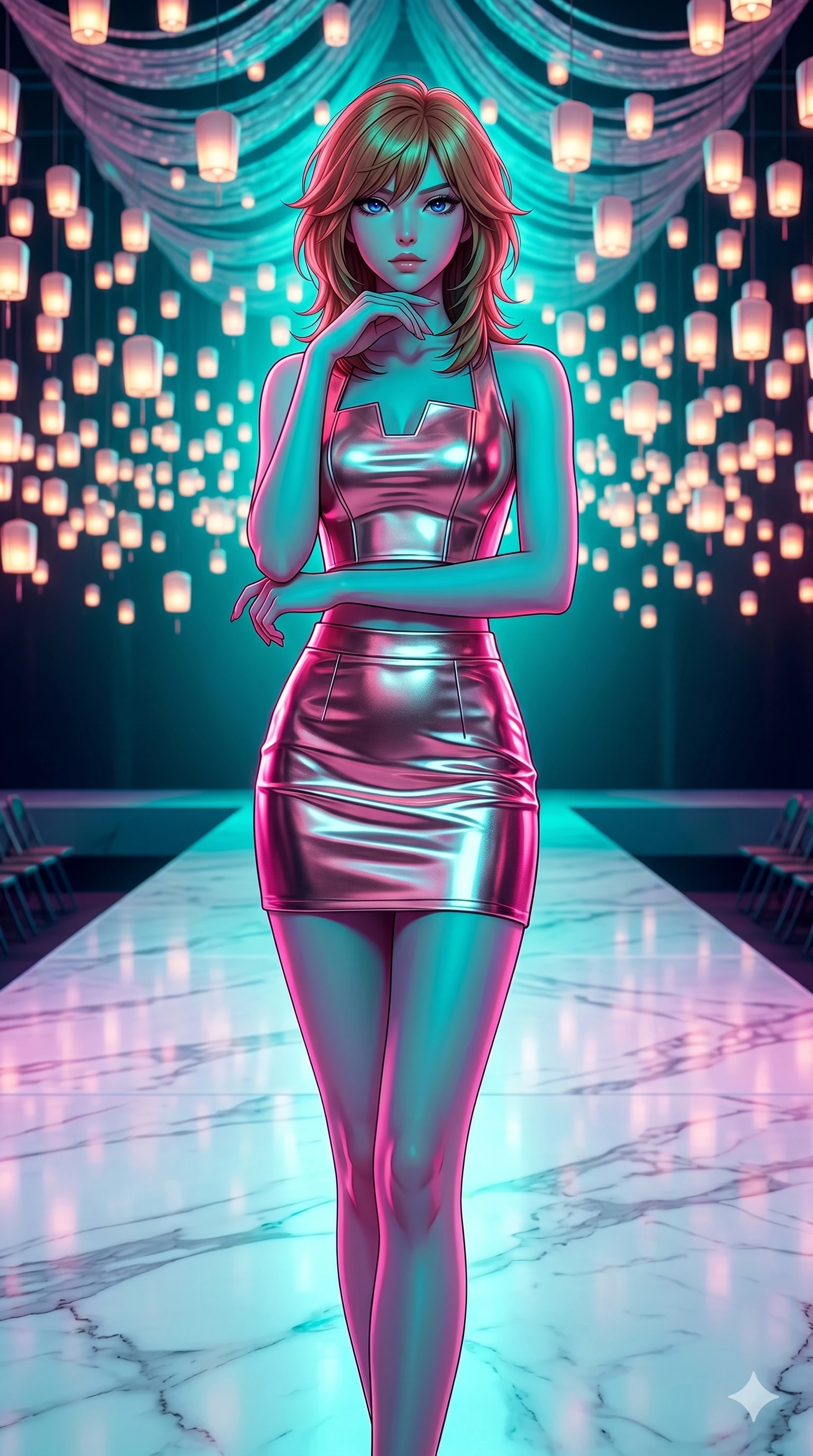 score_9, masterpiece, best quality, ultra-detailed, high-budget anime keyframe, editorial fashion photography, tasteful artistic composition, Korean woman. cowboy shot from the thighs up, character and outfit filling the frame for maximum editorial presence. Resting her chin on the backs of her fingers in a confident pose on a runway of polished white marble under a canopy of thousands of floating luminous lanterns. She has an absolutely perfect 8-heads proportion, an exceptionally tall and slender female figure with impossibly long slender legs and an ultra-slim waist. V-shaped jawline, high-bridge nose, intricate jewel-like eyes with depth, thick eyelashes, glossy lips with a natural sheen. wearing a sculpted metallic rose-gold structured crop top with a forward-facing architectural neckline and a wide-open back, paired with a matching high-waist metallic mini skirt in the same liquid fabric. under intense neon teal and magenta split-lighting creating vivid chromatic contrast on her figure. 2k, ultra detail, master piece, 9:16 ratio