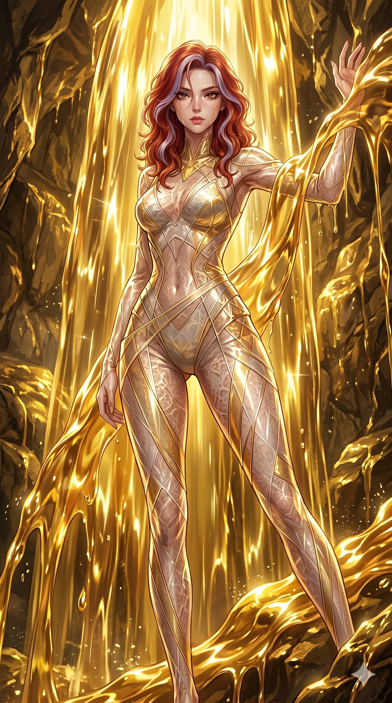 score_9, masterpiece, best quality, ultra-detailed, High-budget Anime Keyframe, East Asian woman. Low angle cowboy shot filling the entire 9:16 frame with her statuesque presence. Scenario 69: Standing under a waterfall of liquid gold, the artistic light reflections on her silhouette. Her presence is magnetic and overpowering in this high-budget anime scene. Outfit 69: A delicate technical lace translucent with a artistic translucent overlays and tight-fitting silhouette. The clothing is designed to emphasize her exceptionally tall and slender 8-heads proportion. 8-heads proportion, towering silhouette, ultra-slim waist. sharp v-shaped jawline, intricate jewel-like eyes with depth, thick eyelashes, glossy lips. 2k, ultra detail, master piece, 9:16 ratio