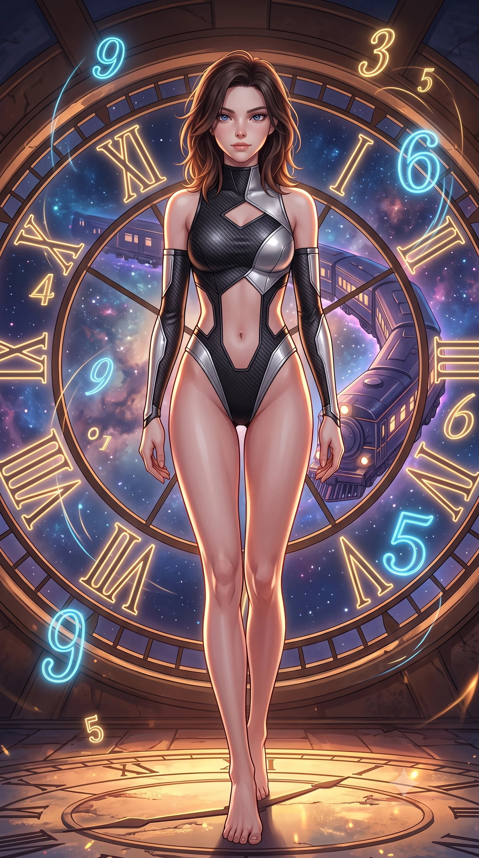 score_9, masterpiece, best quality, ultra-detailed, high-budget anime keyframe, editorial fashion photography, tasteful artistic composition, Korean woman. low angle full-body shot from head to toe showing her feet, filling the entire 9:16 vertical frame with her statuesque presence, stretching her vertical silhouette. forging dynamically through the scene, her vertical silhouette beautifully stretched gazing out a massive circular clock window at a twilight galaxy express train, glowing neon clock numbers floating in the air with vintage elegancy. She has an absolutely perfect, statuesque 8.5-heads proportion, an exceptionally tall and slender model-like female figure with impossibly long slender legs and an ultra-slim waist. sharp v-shaped jawline, high-bridge nose, intricate jewel-like eyes with depth, thick eyelashes, glossy lips with a natural sheen. wearing an asymmetrical high-cut tech-bodysuit with detached sleeves in matte black and polished silver, made of fine carbon-fiber weave and soft matte leather, featuring subtle geometric cutouts that highlight her ultra-slim midriff, the form-contouring material highlighting her ultra-slim waist and long lines. surrounded by warm hearth light and dramatic bronze rim highlights. highly saturated vibrant anime colors, detailed shading with soft gradients, rich glossy textures, high-contrast stereoscopic depth, volumetric dynamic lighting, master piece, 9:16 ratio