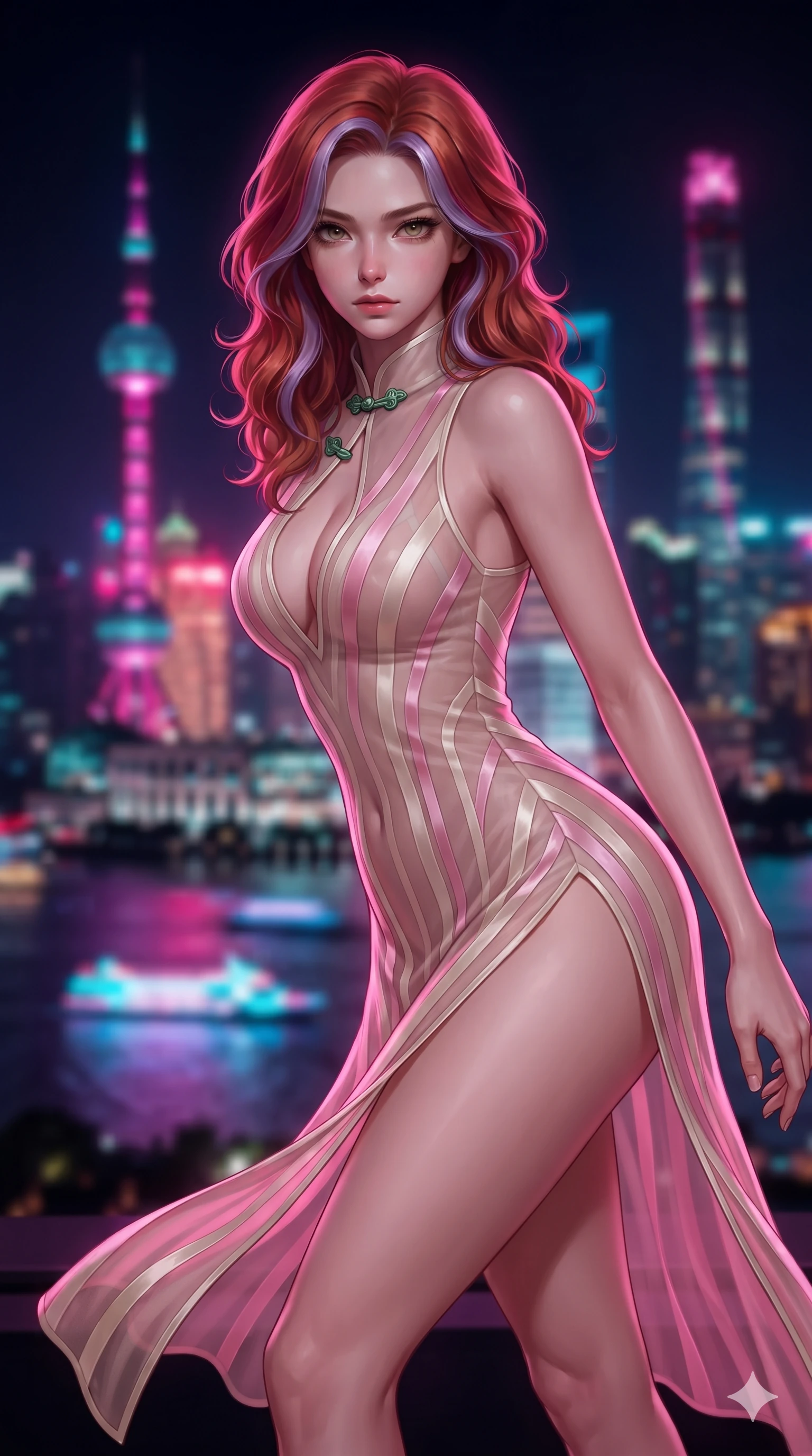 score_9, masterpiece, best quality, ultra-detailed, high-budget anime keyframe, editorial fashion photography, tasteful artistic composition, Caucasian woman. close-up cowboy shot from the waist and thighs up, the character dominates the composition, filling the frame with her large presence. leaning forward while arching her lower back to accentuate her curvy hips, looking into the camera with an intoxicating smoldering gaze and bedroom-eyes while striding across the penthouse terrace as river breezes whip her high-slit dress open, accentuating her long slender legs and curvy hips. The background shows a soft-focus blazing neon spires of Pudong, glowing boat trails on the Huangpu River, and towering Oriental Pearl tower reflections blurred into magenta, electric cyan, and deep obsidian bokeh. She has an exceptionally elegant, slender, and willowy female figure with an ultra-slim waist, flat toned midriff, narrow ribcage, and sculpted feminine hips creating an alluring, slim hourglass silhouette without bulk. sharp v-shaped jawline, high-bridge nose, intricate jewel-like sparkling eyes with depth, thick eyelashes, glossy parted lips with a natural sheen, intensely captivating and seductive bedroom-eyes expression, exuding both youthful cute charm and sovereign luxury allure, flawlessly proportioned anatomical accuracy, strict slender model proportions, natural body alignment, perfectly sculpted long slender limbs, ultra-slim waistline, clean dynamic posture without body distortion. wearing a plunge-front sheer illusion tulle slip dress with liquid platinum ribbon stripes hugging her curves in sakura blossom pink and warm ivory, woven from buttery-soft stretch lambskin leather adhering to her body like a second skin, finished with sleek jade frog closures glinting along her high collar, the form-contouring cut accentuating her sculpted flat midriff, narrow delicate ribcage, and gracefully curvy hips with intoxicating allure. bathed in vibrant magenta and electric cyan river skyline reflections contrasting with warm amber interior downlights. ultra-reflective glossy finish, specular highlights, rich textural contrasts, high-contrast stereoscopic depth, volumetric dynamic lighting, 2k, ultra detail, master piece, 9:16 ratio