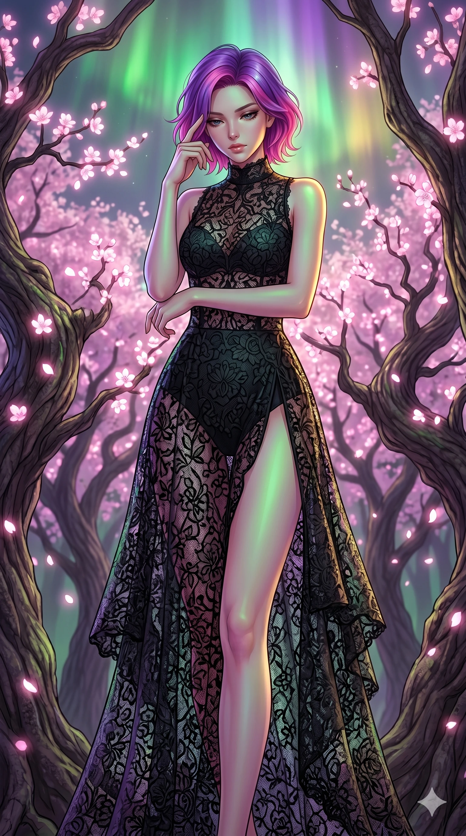 score_9, masterpiece, best quality, ultra-detailed, high-budget anime keyframe, editorial fashion photography, tasteful artistic composition, Caucasian woman, strictly human ears. cowboy shot from the thighs up, character and outfit filling the frame for maximum editorial presence. Pressing two fingers to her temple in a composed thoughtful gesture amidst a grove of ancient cherry blossom trees whose petals glow with soft pink light. She has an absolutely perfect 8-heads proportion, an exceptionally tall and slender female figure with impossibly long slender legs and an ultra-slim waist. V-shaped jawline, high-bridge nose, intricate jewel-like eyes with depth, thick eyelashes, glossy lips with a natural sheen. wearing a floor-length column dress in black floral lace with a solid black bodysuit under-layer, featuring a high side slit and mock neck. illuminated by a shifting aurora palette of green, violet, and gold from above, wrapping her in color. 2k, ultra detail, master piece, 9:16 ratio