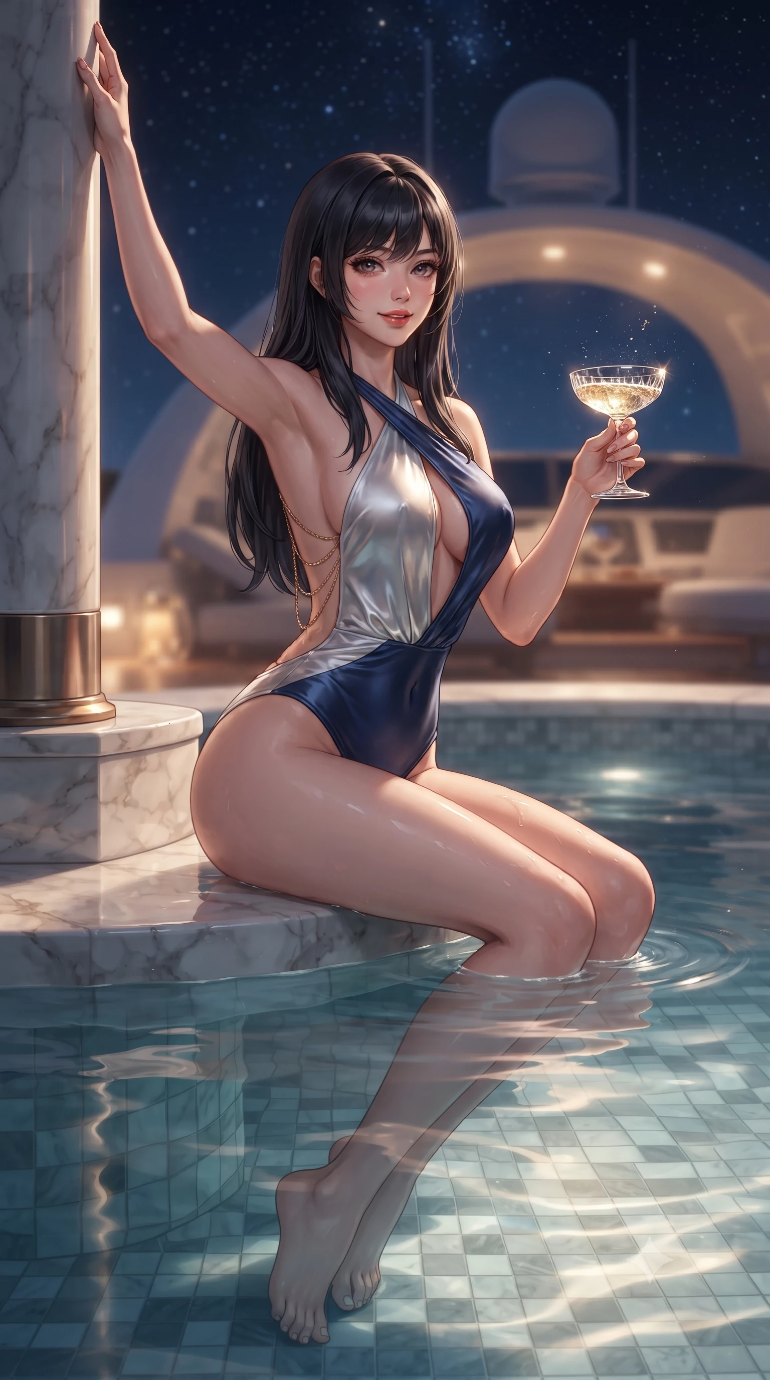 score_9, masterpiece, best quality, ultra-detailed, high-budget anime keyframe, editorial fashion photography, tasteful artistic composition, Caucasian woman. low angle full-body shot from head to toe showing her feet, filling the entire 9:16 vertical frame with her statuesque presence, stretching her vertical silhouette. standing tall beside the architectural column, one hand resting high while arching her lower back to emphasize her sculpted feminine hips and slender waist while sitting perched on the submerged spa bench with water up to her waist, holding a champagne coupe with sovereign high-seas allure. The background shows a soft-focus curved aerodynamic yacht radar arch softened in luxurious open-air shallow focus. She has an absolutely perfect, statuesque 8.5-heads proportion, an exceptionally tall and slender model-like female figure with impossibly long slender legs, an ultra-slim waist, a flat toned midriff, narrow delicate ribcage, and beautifully sculpted feminine hips creating a graceful, slim hourglass silhouette without any bulky heaviness. sharp v-shaped jawline, high-bridge nose, sparkling eyes with hypnotic seductive depth, thick curled eyelashes, glossy parted lips with a natural dewy peach sheen, alluring bedroom-eyes with an enchanting coquettish smile, exuding magnetic siren charisma and sophisticated glamour, flawlessly proportioned anatomical accuracy, strict slender model proportions, natural body alignment, perfectly sculpted long slender limbs, ultra-slim waistline, clean dynamic posture without body distortion. wearing a criss-cross halterneck keyhole bodysuit with open back and sculpted waist darts in molten liquid silver and deep sapphire navy, crafted from fluid liquid silk satin that clings smoothly to every curve with a dewy sheen, accented with an open-back drape framed by falling strands of delicate gold chains, the form-contouring silhouette accentuating her sculpted flat midriff, narrow delicate ribcage, and gracefully curvy hips with intoxicating allure. bathed in warm 3000K underwater tub illumination paired with celestial Caribbean starlight fill. ultra-reflective glossy finish, specular highlights, rich textural contrasts, high-contrast stereoscopic depth, volumetric dynamic lighting, 2k, ultra detail, master piece, 9:16 ratio