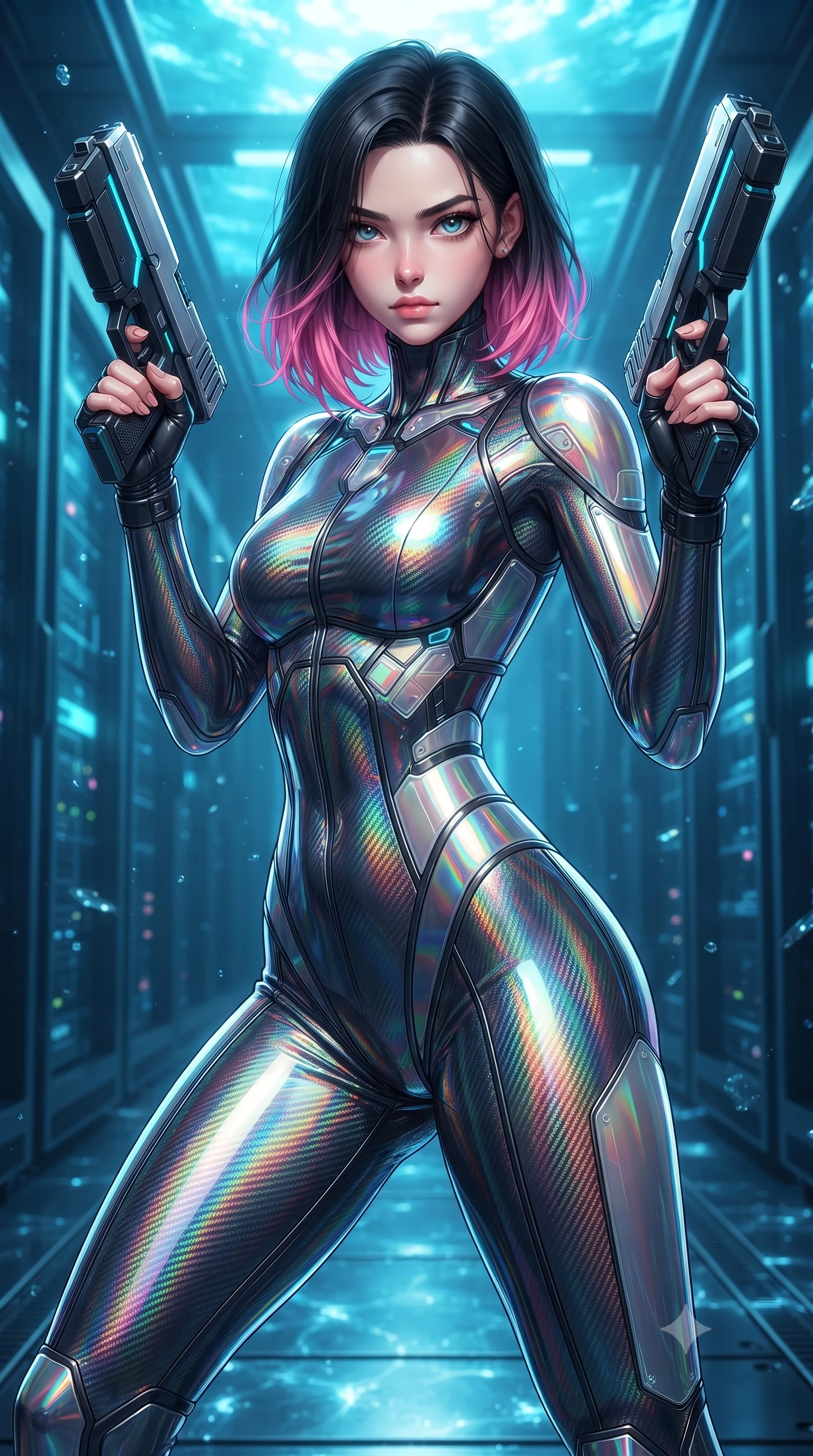 score_9, masterpiece, best quality, ultra-detailed, high-budget anime keyframe, editorial fashion photography, tasteful artistic composition, Korean woman. close-up cowboy shot from the waist and thighs up, the character dominates the composition, filling the frame with her large presence. twisting her upper body in a dynamic S-curve combat stance, one hand steadying her weapon with commanding supermodel allure while striding down a server aisle with twin pistols held ready, hips swaying with fierce, confident authority. The surrounding environment is rendered in vivid detail and crisp panoramic clarity. deep oceanic chiaroscuro and high-tech undersea architecture captured with environmental sharpness. She has an exceptionally elegant, slender, and willowy female figure with an ultra-slim waist, a gracefully sculpted slender torso, toned flat midriff, and a refined slim silhouette. sharp v-shaped jawline, high-bridge nose, intricate jewel-like eyes with depth, thick eyelashes, glossy lips with a natural sheen, flawlessly proportioned anatomical accuracy, strict slender model proportions, natural body alignment, perfectly sculpted long slender limbs, ultra-slim waistline, clean dynamic posture without body distortion. wearing a high-gloss iridescent rainbow carbon-weave bodysuit with translucent cybernetic panels, brandishing dual sleek chrome particle beam pistols in a dynamic combat stance in matte obsidian carbon black with electric cyan conduits, tailored from flexible second-skin carbon-mesh that clings flawlessly to her athletic curves, finished with high-mobility articulation joints and miniature magnetic armor locks, the form-contouring material adhering flawlessly to her sculpted flat midriff and slender torso, emphasizing her long leg lines and perfectly proportioned willowy build. bathed in luminous sapphire and cyan aquatic backlighting with glittering water surface caustics. ultra-reflective glossy finish, specular highlights, dark metallic sheen, high-contrast stereoscopic depth, volumetric dynamic lighting, 2k, ultra detail, master piece, 9:16 ratio