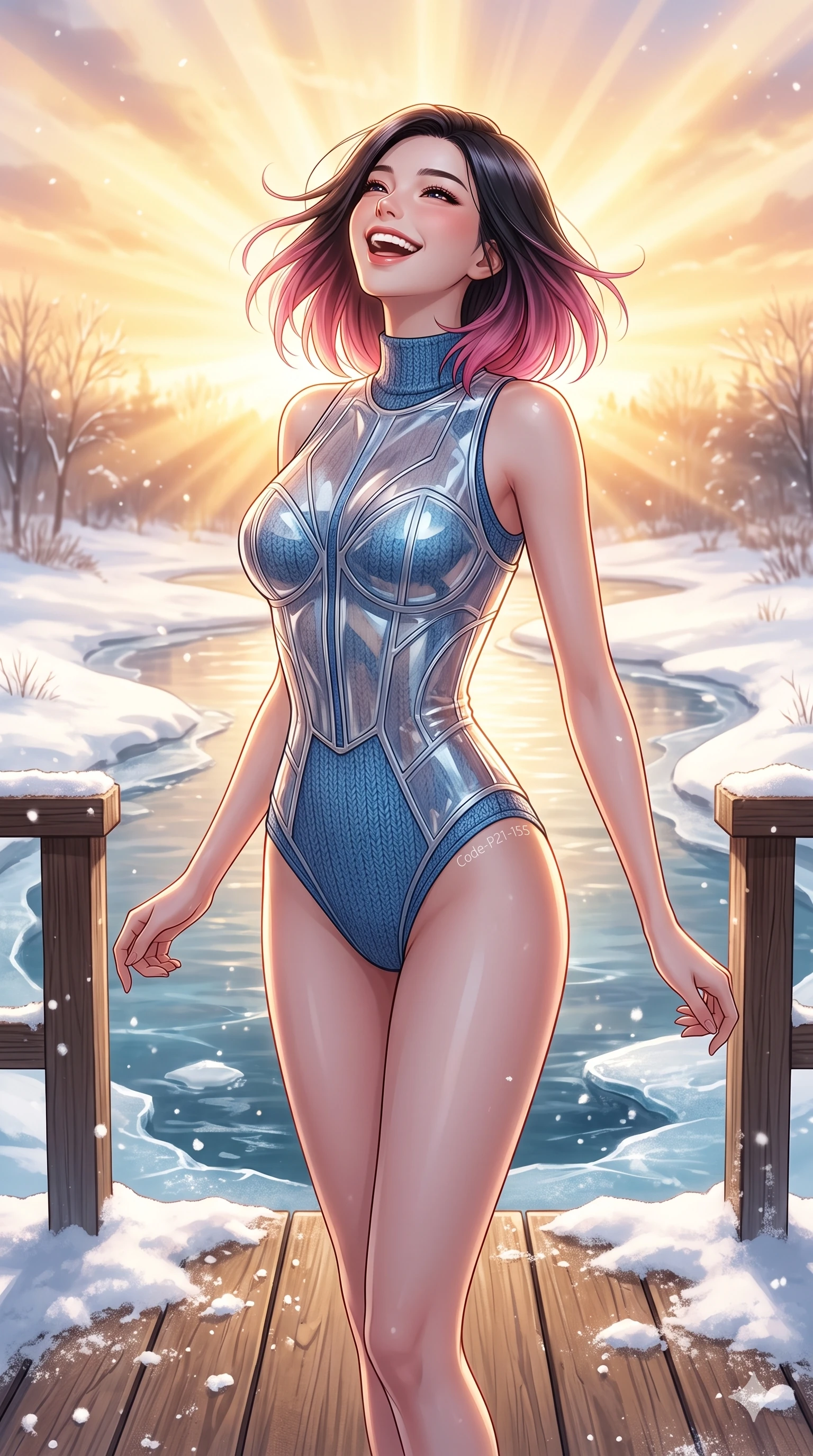 score_9, masterpiece, best quality, ultra-detailed, high-budget anime keyframe, vibrant anime aesthetic, Korean woman. cowboy shot from the thighs up, character and outfit filling the frame for maximum presence. She is tossing her head back with a joyful winter laugh, her lips curved into a warm smile on a wooden deck over a river pool in the winter sun (Code-P21-155). She has an absolutely perfect 8-heads proportion, an exceptionally tall and slender female figure with impossibly long slender legs and an ultra-slim waist. V-shaped jawline, high-bridge nose, intricate jewel-like eyes with depth, thick eyelashes, glossy lips with a natural sheen. wearing a translucent patent-gloss structured bodice over a blue textured knit bodysuit in winter. She is brilliant golden rays radiating from the winter sky, creating a warm glowing atmosphere. 2k, ultra detail, master piece, 9:16 ratio