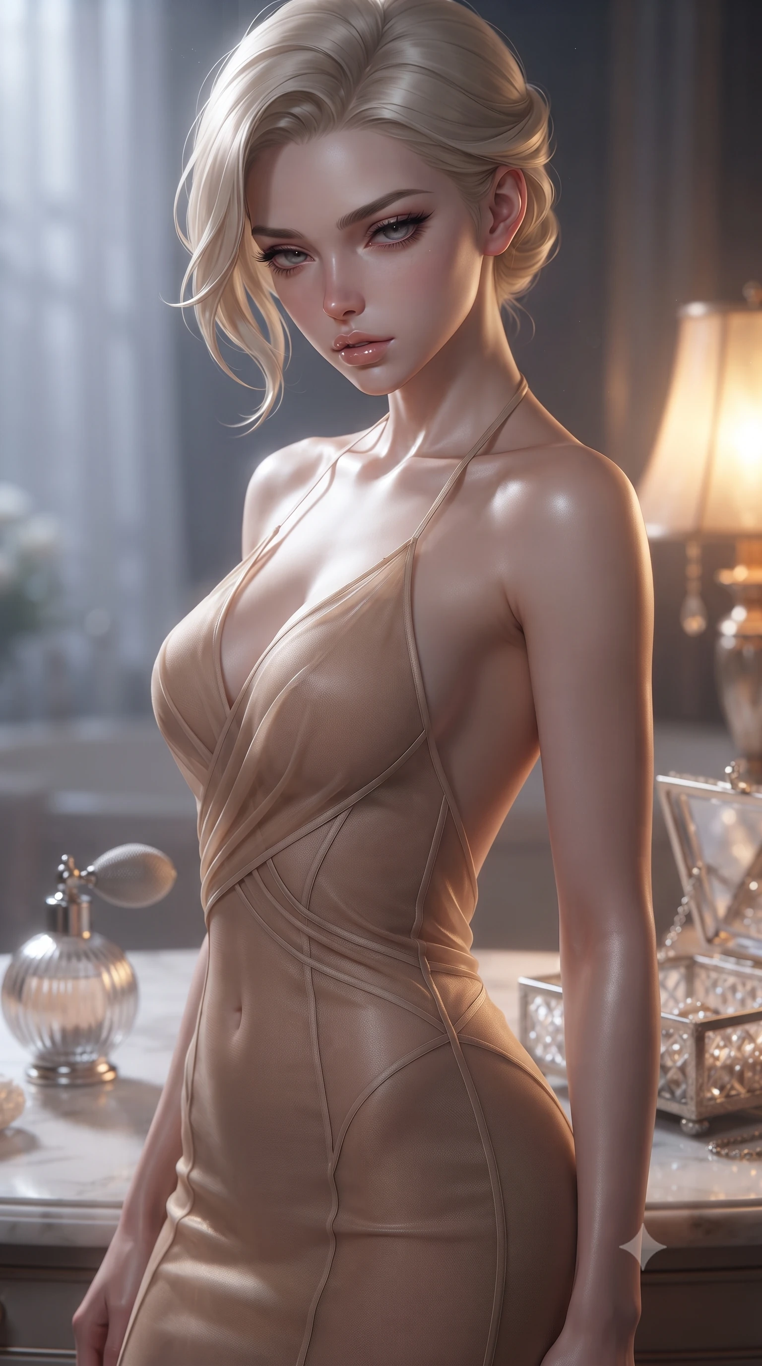 score_9, masterpiece, best quality, ultra-detailed, high-budget anime keyframe, editorial fashion photography, tasteful artistic composition, Caucasian woman. close-up cowboy shot from the waist and thighs up, the character dominates the composition, filling the frame with her large presence, background elements kept in soft focus. looking down at the viewer beneath lowered lashes with a quiet, smoldering confidence and parted lips set against a soft-focus background of inside an exclusive private spa pavilion with a vintage perfume atomizer and crystal jewelry box reflecting soft light. She has an exceptionally elegant, slender, and willowy female figure with an ultra-slim waist, a gracefully sculpted slender torso, and a refined silhouette. sharp v-shaped jawline, high-bridge nose, intricate jewel-like eyes with depth, thick eyelashes, glossy lips with a natural sheen. wearing form-contouring warm beige sheer organza backless linen halter dress featuring delicate straps and a draped open-back design featuring refined tailored seams. illuminated by soft silver moonlight contrasting with the warm amber glow of a nearby lamp. ultra-reflective glossy finish, specular highlights, metallic sheen, high-contrast stereoscopic depth, volumetric dynamic lighting, 2k, ultra detail, master piece, 9:16 ratio