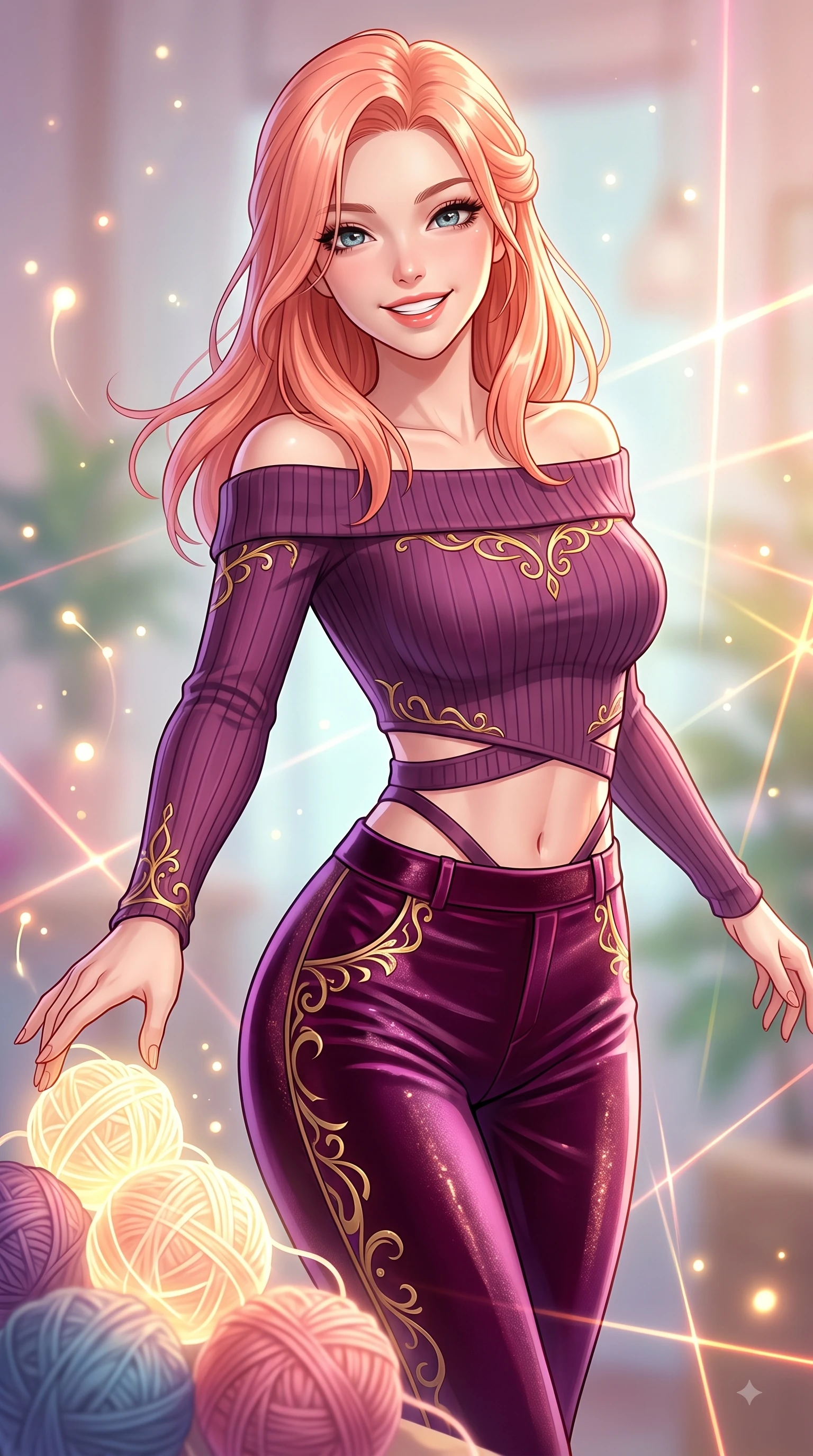 score_9, masterpiece, best quality, ultra-detailed, high-budget anime keyframe, editorial fashion photography, tasteful artistic composition, Japanese woman. close-up cowboy shot from the waist and thighs up, the character dominates the composition, filling the frame with her large presence, background elements kept in soft focus. Gazing directly into the camera with a joyful, infectious smile as her torso curves dynamically in mid-stride while reaching forward with a cheerful arm stretch to touch a cluster of glowing yarn spheres, glowing fiber optic motes drifting like fireflies in the cheerful background. She has an exceptionally elegant, slender, and willowy female figure with an ultra-slim waist, a gracefully sculpted slender torso, and a refined silhouette. sharp v-shaped jawline, high-bridge nose, intricate jewel-like eyes with depth, thick eyelashes, glossy lips with a natural sheen, flawlessly proportioned anatomical accuracy, natural body alignment, perfectly sculpted elegant limbs, clean dynamic posture without body distortion. wearing a sleek off-shoulder ribbed knit top paired with high-waist tailored pants in plum purple and gold filigree, made of premium stretch velvet with a rich sheen, featuring subtle geometric cutouts that highlight her ultra-slim midriff, the sleek second-skin texture accentuating her magnetic presence. bathed in sharp geometric laser grid highlights and soft airy ambient fill. highly saturated vibrant anime colors, detailed shading with soft gradients, rich glossy textures, high-contrast stereoscopic depth, volumetric dynamic lighting, master piece, 9:16 ratio