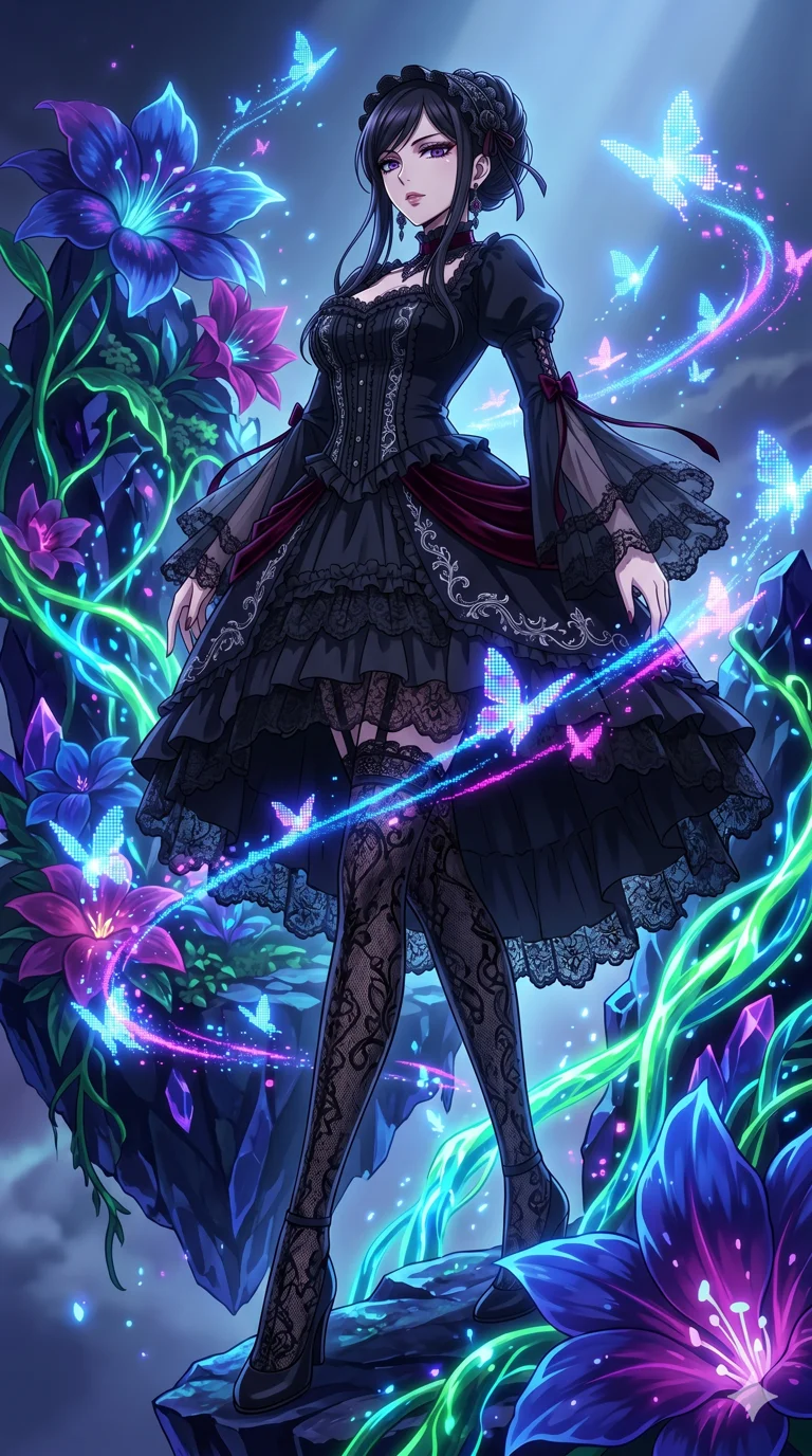 score_9, masterpiece, best quality, ultra-detailed, High-budget Anime Keyframe, vibrant colors, fluid line-art, expressive lighting, cinematic composition, Ufotable-style visual effects, top-tier animation quality, Japanese woman with delicate and elegant anime-inspired features. Dynamic full-body shot stretching the vertical silhouette, capturing her from a powerful low-angle perspective. Surrounded by a swarm of digital butterflies that leave trails of neon dust. She has an absolutely perfect 8-heads proportion, an exceptionally tall and slender female figure with impossibly long slender legs and an ultra-slim waist, her statuesque height and towering silhouette dominating the vertical 9:16 frame. Her face is a masterpiece featuring a sharp v-shaped jawline, high-bridge nose, intricate jewel-like eyes with depth, thick eyelashes, and glossy lips with a natural sheen. She is wearing a Ornate gothic lolita dress with layers of black lace, corset-style gown with flowing bell sleeves, and sheer fabric transparency.. The scene is set in a floating island covered in giant glowing flowers and vines of pure energy. 2k, ultra detail, master piece, 9:16 ratio