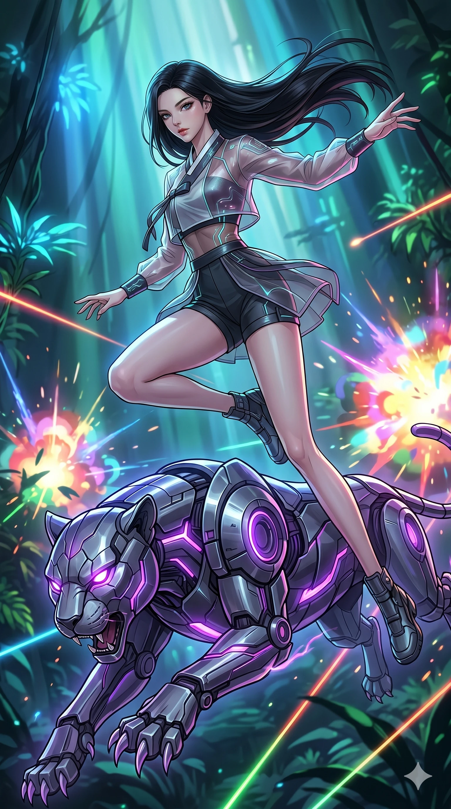 score_9, masterpiece, best quality, ultra-detailed, high-budget anime movie keyframe, cinematic anime lighting, intricate line art, Korean woman. Dynamic full-body shot stretching the vertical silhouette with extreme perspective. leaping over a giant mechanical panther in a cyber-jungle. She has an absolutely perfect 8-heads proportion, an exceptionally tall and slender female figure with an ultra-slim waist and impossibly long slender legs. strictly human anatomy, two legs only, no extra limbs, clearly defined legs and arms, perfect anatomy, perfect hands and fingers. sharp v-shaped jawline, high-bridge nose, intricate jewel-like eyes, thick eyelashes, glossy lips. Wearing Modern Traditional: Shortened cyber-hanbok with fusion silk robes and transparent panels. The scene is illuminated by dramatic atmospheric lighting and vibrant color palettes. , 2k, ultra detail, master piece, 9:16 ratio