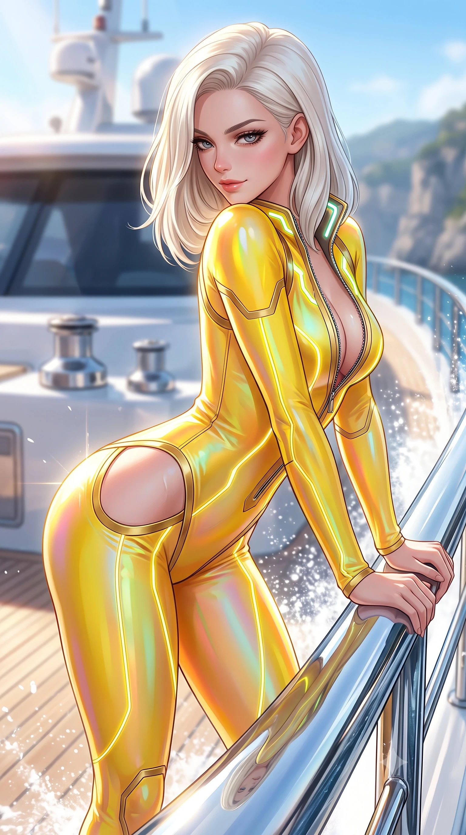 score_9, masterpiece, best quality, ultra-detailed, high-budget anime keyframe, semi-realistic 3D game render, editorial fashion photography, tasteful artistic composition, Caucasian woman. close-up cowboy shot from the waist and thighs up, the character dominates the composition, filling the frame with her large presence. stretching forward with an alluring arch of her spine, glancing over her shoulder with thick eyelashes and a smoldering half-smile while leaning against a polished chrome handrail with a smoldering gaze as sea spray and sunlight trace her curves. The composition keeps background elements in soft focus with creamy bokeh. distant coastline cliffs and luxury yacht fixtures softened by clean shallow focus. She has an exceptionally elegant, slender, and willowy female figure with an ultra-slim waist, a gracefully sculpted slender torso, toned flat midriff, and a refined slim silhouette. sharp v-shaped jawline, high-bridge nose, intricate jewel-like eyes with depth, thick eyelashes, glossy lips with a natural sheen, flawlessly proportioned anatomical accuracy, strict slender model proportions, natural body alignment, perfectly sculpted long slender limbs, ultra-slim waistline, clean dynamic posture without body distortion. wearing a skin-tight cybernetic bodysuit with glowing neon seams, deep hip cutouts, and an aerodynamic athletic fit in vibrant sunburst canary yellow and gold trim, made of smooth iridescent silk chiffon that shifts colors with movement, featuring a dangerously unzipped neckline framed by glowing cybernetic accents, the sleek second-skin cut tightly hugging her graceful clavicle, narrow waist, and feminine curves with athletic precision. bathed in dazzling midday Mediterranean sunshine and sparkling ocean surface reflections. highly saturated vibrant anime colors, detailed shading with soft gradients, rich glossy textures, high-contrast stereoscopic depth, volumetric dynamic lighting, master piece, 9:16 ratio