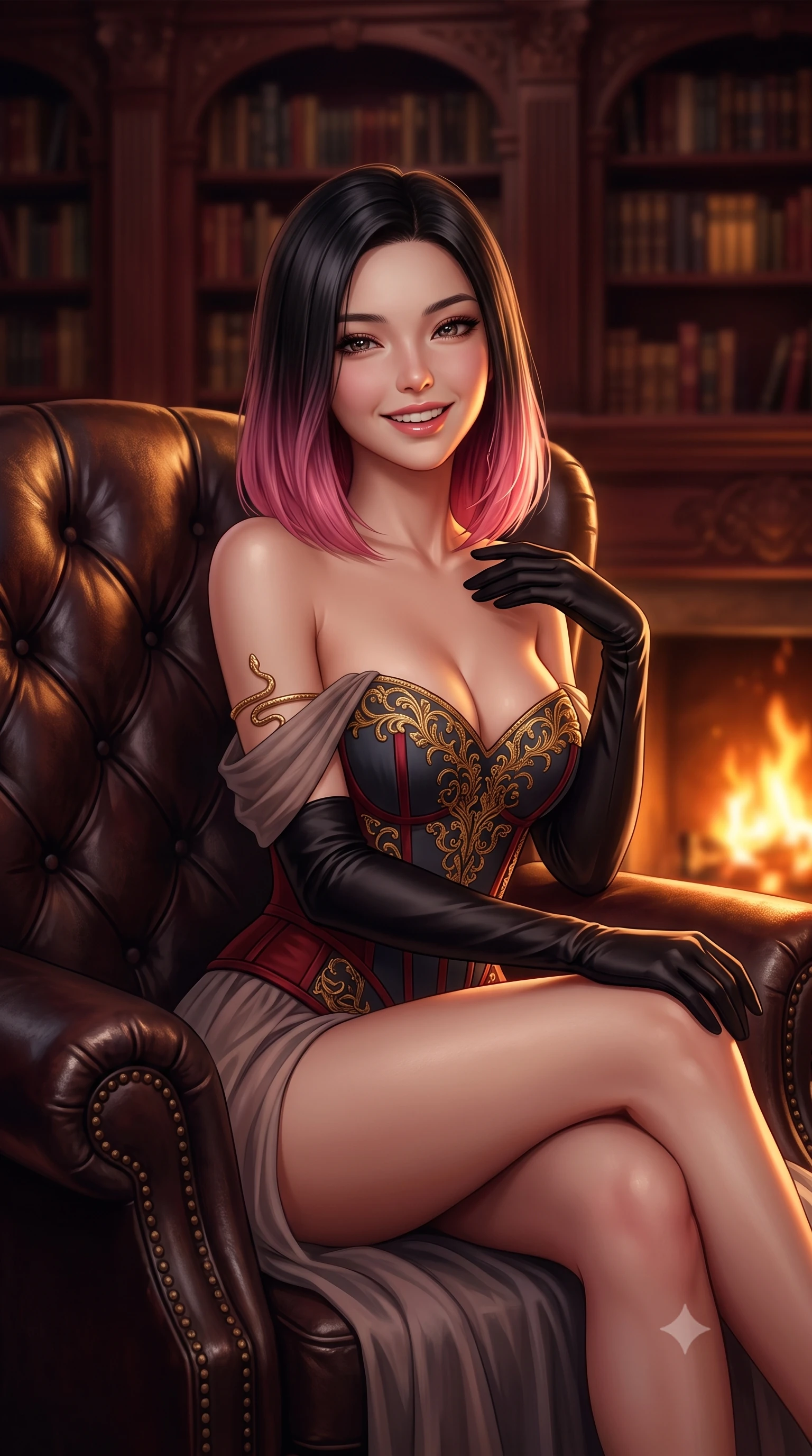 score_9, masterpiece, best quality, ultra-detailed, high-budget anime keyframe, semi-realistic 3D game render, editorial fashion photography, tasteful artistic composition, Korean woman. close-up cowboy shot from the waist and thighs up, the character dominates the composition, filling the frame with her large presence. laughing softly with enchanting, forbidden warmth, parted lips glistening as specular highlights illuminate her sculpted cheeks while curling languidly in an oversized tufted leather armchair, gazing directly into the lens with magnetic bedroom-eyes. The composition keeps background elements in soft focus with creamy bokeh. towering carved mahogany bookshelves and dancing fireplace embers blurred into rich burgundy, amber, and whiskey-gold bokeh. She has an exceptionally elegant, slender, and willowy female figure with an ultra-slim waist, a gracefully sculpted slender torso, toned flat midriff, and a refined slim silhouette. sharp v-shaped jawline, high-bridge nose, intricate jewel-like eyes with depth, thick eyelashes, glossy parted lips with a natural sheen, intensely captivating and seductive expression, flawlessly proportioned anatomical accuracy, strict slender model proportions, natural body alignment, perfectly sculpted long slender limbs, ultra-slim waistline, clean dynamic posture without body distortion. wearing a baroque gold-embroidered bustier gown with exposed clavicle and structured hip boning in midnight slate and deep scarlet accents, woven from layered gossamer chiffon with a weightless sweeping drape, accessorized with opera-length black satin gloves and gold serpent armlet, the glove-like aerodynamic second-skin fit tightly clinging to her ultra-slender waist and feminine curves without adding bulk. illuminated by rich directional firelight sculpting every feminine curve of her slender silhouette. highly saturated vibrant anime colors, detailed shading with soft gradients, rich glossy textures, high-contrast stereoscopic depth, volumetric dynamic lighting, master piece, 9:16 ratio