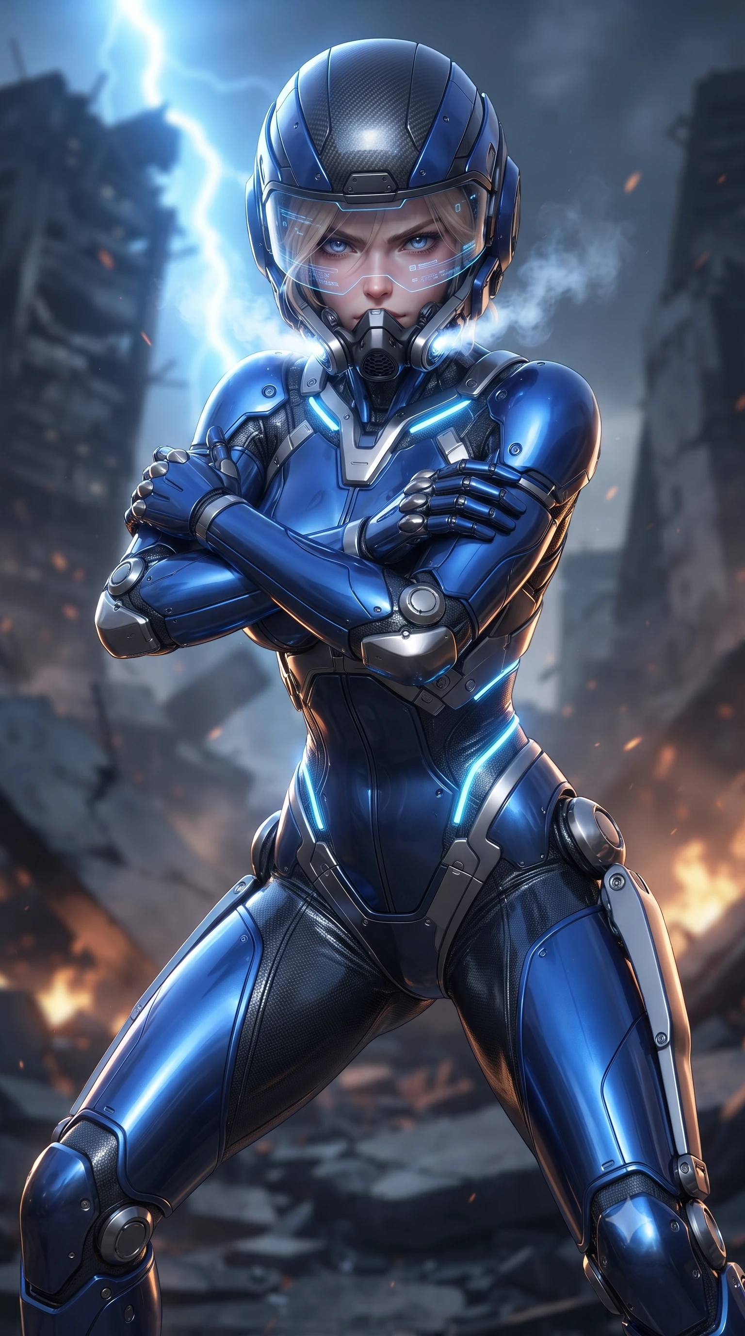 score_9, masterpiece, best quality, ultra-detailed, high-budget anime keyframe, editorial fashion photography, tasteful artistic composition, Caucasian woman. close-up cowboy shot from the waist and thighs up, the character dominates the composition, filling the frame with her large presence. shifting into a low cat-stance with arms crossed defensively, glowing energy conduits tracing her ultra-slim waist and sculpted clavicle while pivoting dynamically as her half-face rebreather vents glowing white vapor, her captivating eyes locked onto the viewer with fierce intent. The composition keeps background elements in soft focus with creamy bokeh. shattered server towers and blackened concrete slabs softened in smooth atmospheric depth of field. She has an exceptionally elegant, slender, and willowy female figure with an ultra-slim waist, a gracefully sculpted slender torso, toned flat midriff, and a refined slim silhouette. sharp v-shaped jawline, high-bridge nose, intricate jewel-like eyes with depth, thick eyelashes, glossy lips with a natural sheen, fierce and resolute heroine expression, flawlessly proportioned anatomical accuracy, strict slender model proportions, natural body alignment, perfectly sculpted long slender limbs, ultra-slim waistline, clean dynamic posture without body distortion. wearing an open-face aerodynamic carbon-fiber combat helmet with a retracted transparent holographic HUD visor framing her sharp jawline and jewel-like eyes, paired with an ultra-sleek high-gloss carbon-composite exoskeleton suit featuring kinetic shock-absorbing shin guards and flexible limb articulation joints in electric cobalt blue carbon with brushed platinum tactical trim, crafted from ultra-strong woven carbon-fiber composite with battle-tested satin luster, detailed with kinetic shock-dampening knuckle guards and polished chrome connection joints, the glove-like aerodynamic second-skin fit tightly clinging to her ultra-slender waist and athletic curves without adding bulk, accentuating her razor-sharp statuesque lines and slim hourglass silhouette. bathed in blinding blue EMP lightning flash backlighting and warm amber crater ember glow. ultra-reflective glossy finish, specular highlights, dark metallic sheen, high-contrast stereoscopic depth, volumetric dynamic lighting, 2k, ultra detail, master piece, 9:16 ratio