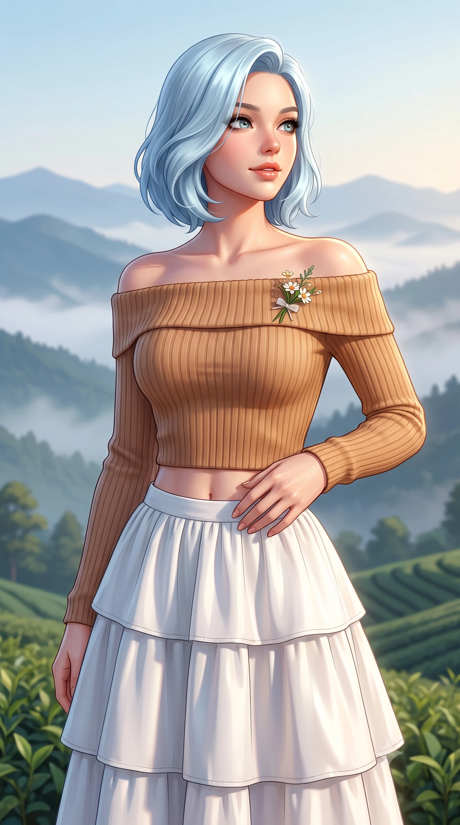 score_9, masterpiece, best quality, ultra-detailed, high-budget anime keyframe, semi-realistic 3D game render, editorial fashion photography, tasteful artistic composition, Korean woman. close-up cowboy shot from the waist and thighs up, the character dominates the composition, filling the frame with her large presence. resting one hand lightly on her waist while casting a charming, captivating side-gaze with thick eyelashes while gazing across layers of misty mountain ridges with sparkling, hopeful eyes and a radiant expression. The surrounding environment is rendered in vivid detail and crisp panoramic clarity. crisp morning chiaroscuro and tranquil hillside plantation geometry captured with environmental elegance. She has an exceptionally elegant, slender, and willowy female figure with an ultra-slim waist, a gracefully sculpted slender torso, toned flat midriff, and a refined slim silhouette. sharp v-shaped jawline, high-bridge nose, intricate jewel-like eyes with depth, thick eyelashes, glossy lips with a natural sheen, pure and lovely fresh girlhood expression, flawlessly proportioned anatomical accuracy, strict slender model proportions, natural body alignment, perfectly sculpted long slender limbs, ultra-slim waistline, clean dynamic posture without body distortion. wearing a fresh off-shoulder ribbed knit top paired with a tiered white cotton midi skirt in warm caramel and cream vanilla, crafted from smooth fluid silk satin with a natural gentle sheen, complemented by a delicate wildflower corsage pinned to the lapel, the chic real-way fashion cut emphasizing her effortless charm, flat midriff, and slender model proportions. illuminated by gentle morning sunbeams casting a warm, dewy glow on her skin and attire. highly saturated vibrant anime colors, detailed shading with soft gradients, rich glossy textures, high-contrast stereoscopic depth, volumetric dynamic lighting, master piece, 9:16 ratio