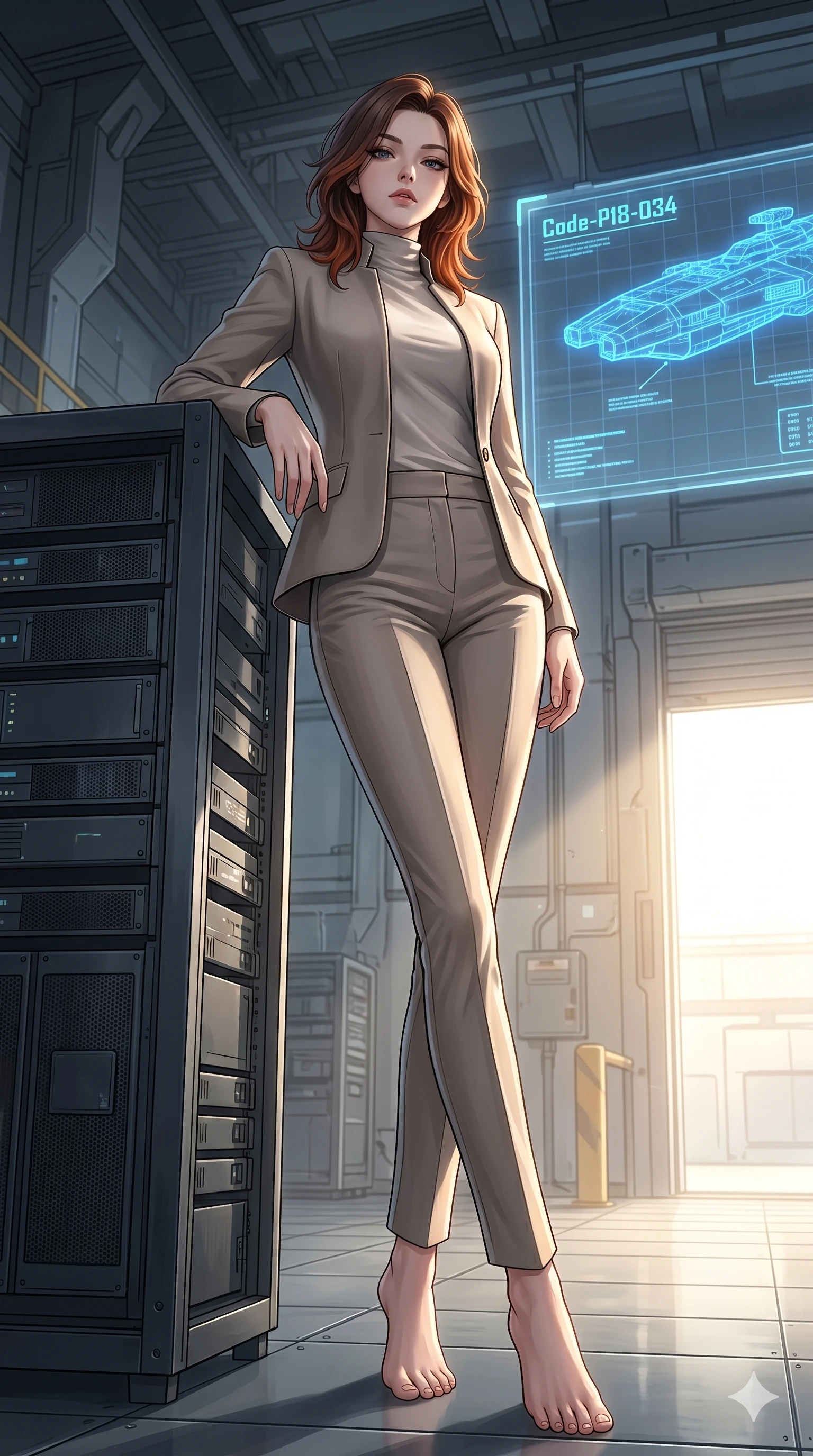 score_9, masterpiece, best quality, ultra-detailed, high-budget anime keyframe, editorial fashion photography, tasteful artistic composition, Korean woman. low angle full-body shot from head to toe showing her feet, filling the entire 9:16 vertical frame with her statuesque presence, stretching her vertical silhouette. leaning against a metal server rack, casting a cool, superior gaze beneath her thick lashes inside a high-tech hangar bay with a glowing blueprint of a starship (Code-P18-034). She has an absolutely perfect 8-heads proportion, an exceptionally tall and slender female figure with impossibly long slender legs and an ultra-slim waist. V-shaped jawline, high-bridge nose, intricate jewel-like eyes with depth, thick eyelashes, glossy lips with a natural sheen. wearing a tailored high-neck blazer over a high-neck silk top and matching trousers. drenched in brilliant afternoon sunshine, highlighting her sleek silhouette and smooth skin. 2k, ultra detail, master piece, 9:16 ratio