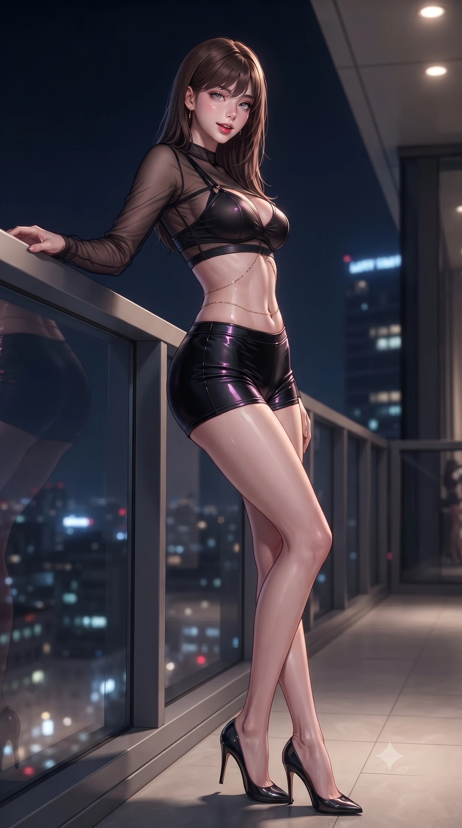 score_9, masterpiece, best quality, ultra-detailed, high-budget anime keyframe, editorial fashion photography, tasteful artistic composition, Korean woman. low angle full-body shot from head to toe showing her feet, filling the entire 9:16 vertical frame with her statuesque presence, stretching her vertical silhouette. leaning deep against the balcony balustrade with hips cocked back in an unapologetically alluring high-fashion stance, casting an intoxicating glance while twisting her slender torso in an alluring contrapposto stance, night city lights reflecting off her form-fitting outfit and curvy hips. The background shows a soft-focus laser security sensor housings softened in luxury high-rise shallow focus. She has an absolutely perfect, statuesque 8.5-heads proportion, an exceptionally tall and slender model-like female figure with impossibly long slender legs, an ultra-slim waist, a flat toned midriff, narrow delicate ribcage, and beautifully sculpted feminine hips creating a graceful, slim hourglass silhouette without any bulky heaviness. sharp v-shaped jawline, high-bridge nose, sparkling eyes with hypnotic seductive depth, thick curled eyelashes, glossy parted lips with a natural dewy peach sheen, alluring bedroom-eyes with an enchanting coquettish smile, exuding magnetic siren charisma and sophisticated glamour, flawlessly proportioned anatomical accuracy, strict slender model proportions, natural body alignment, perfectly sculpted long slender limbs, ultra-slim waistline, clean dynamic posture without body distortion. wearing a delicate sheer mesh long-sleeve crop top layered over an opaque strappy tactical micro-bralette and tight shorts in wet-look onyx black with electric magenta reflections, made of sheer gossamer chiffon that drapes softly against skin with airy translucence, accented with a dainty gold belly chain resting across her flat midriff and curving hips, the liquid-tight tailored fabric clinging flawlessly to her narrow waist and rounded feminine hips, emphasizing every millimeter of her sculpted slim hourglass curves without any bulky heaviness. illuminated by glass window reflection bounce and sharp platinum rim lights sculpting her jawline, ultra-slim waist, and curvy hips. ultra-reflective glossy finish, specular highlights, rich textural contrasts, high-contrast stereoscopic depth, volumetric dynamic lighting, 2k, ultra detail, master piece, 9:16 ratio