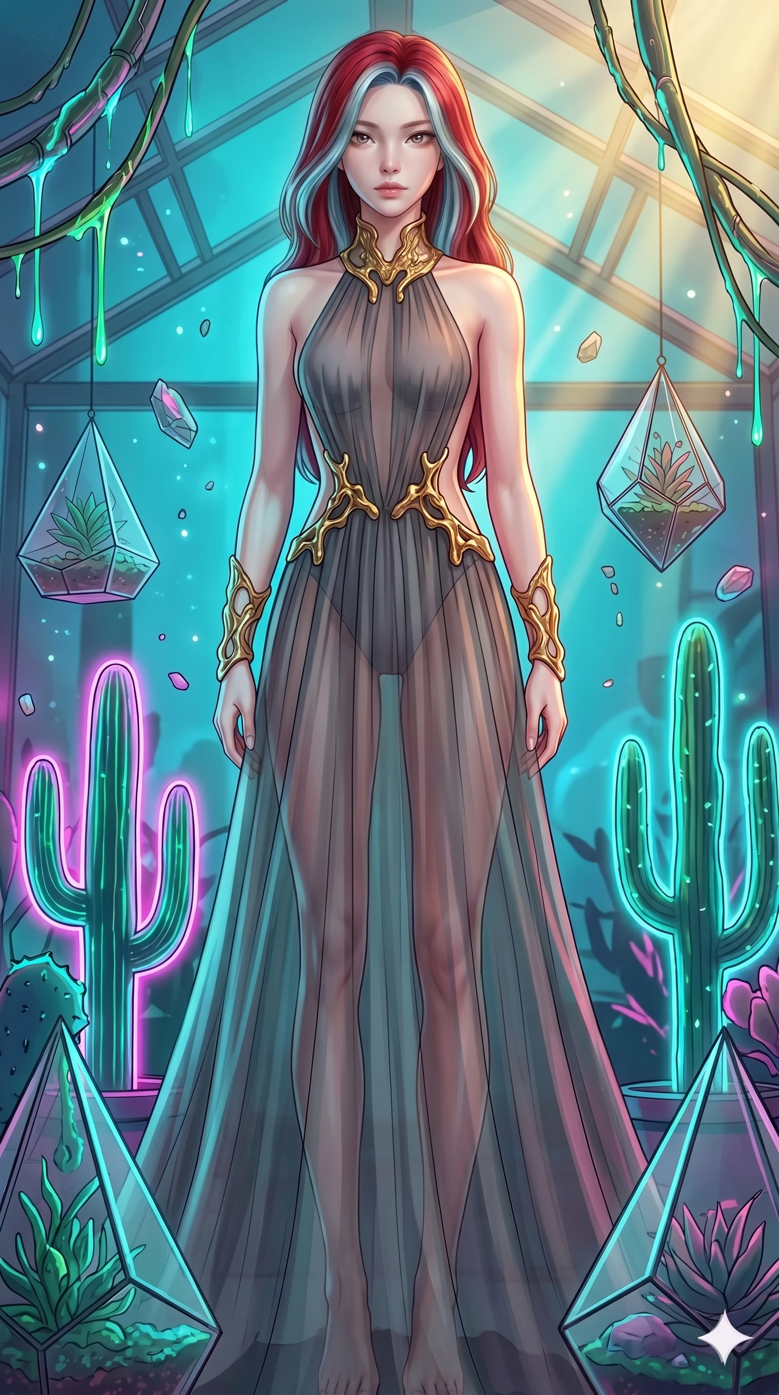 score_9, masterpiece, best quality, ultra-detailed, high-budget anime keyframe, Japanese woman. low angle full-body shot filling the entire 9:16 frame with her statuesque presence, stretching the vertical silhouette. standing in a retro-futuristic synthwave greenhouse where glowing neon cacti and polyhedral glass terrariums float around her, while fluorescent cyber-sap drips from cybernetic vines. She has an absolutely perfect 8-heads proportion, an exceptionally tall and slender female figure with impossibly long slender legs and an ultra-slim waist. V-shaped jawline, high-bridge nose, intricate jewel-like eyes with depth, thick eyelashes, glossy lips with a natural sheen.. wearing a molten gold and chiffon gown, featuring organic liquid gold collar and cuffs on a translucent charcoal-gray halter neck chiffon gown with a deep backless design. showcasing a beautiful play of light and shadow, with warm golden rays clashing against cool cyan highlights. 2k, ultra detail, master piece, 9:16 ratio