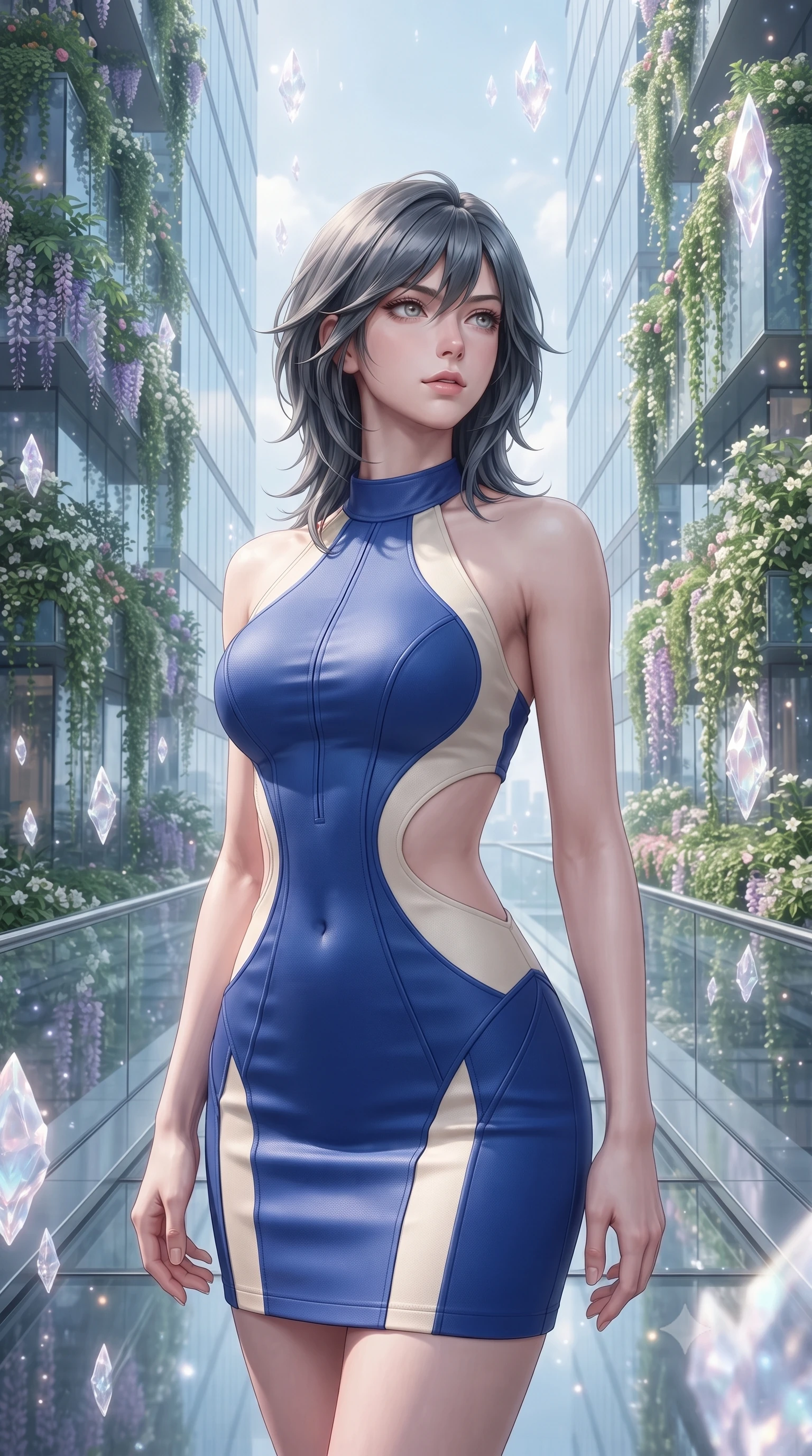 score_9, masterpiece, best quality, ultra-detailed, high-budget anime keyframe, editorial fashion photography, tasteful artistic composition, Caucasian woman, strictly human ears. close-up cowboy shot from the waist and thighs up, the character dominates the composition, filling the frame with her large presence, background elements kept in soft focus. Gazing past the camera with an air of effortless superiority. set against a soft-focus background of an elevated glass walkway between two mirror-clad skyscrapers completely covered in cascading vertical gardens with flowering wisteria jasmine and trailing ivy framing the sky corridor. She has an exceptionally elegant and slender, willowy female figure with an ultra-slim waist, a gracefully sculpted slender torso, and a refined slim physique. sharp v-shaped jawline, high-bridge nose, intricate jewel-like eyes with depth, thick eyelashes, glossy lips with a natural sheen. wearing a structured halter-neck bodycon dress in two-tone cobalt blue and cream, with dramatic curved cutouts at the sides of the torso. ethereal pearlescent light emanating from floating crystalline formations all around. 2k, ultra detail, master piece, 9:16 ratio