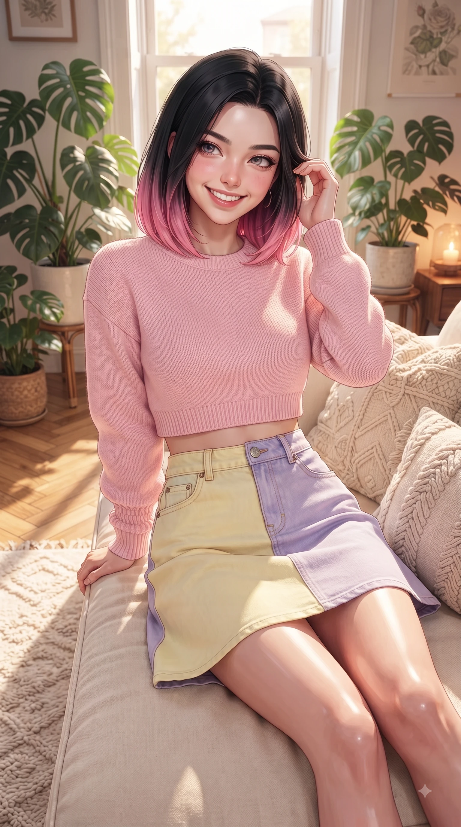 score_9, masterpiece, best quality, ultra-detailed, high-budget anime keyframe, editorial fashion photography, tasteful artistic composition, Korean woman. close-up cowboy shot from the waist and thighs up, the character dominates the composition, filling the frame with her large presence. Radiant youthful grin reflecting girlhood charm while casting a playful, joyful side-gaze with heavy lashes while lounging comfortably on a soft cream sofa in a sunlit living room filled with indoor green plants. The surrounding environment is rendered in vivid detail and crisp panoramic clarity. intricate cushion fabrics, potted Monstera leaves, and warm sunlit hardwood floors in deep focus. She has an exceptionally elegant, slender, and willowy female figure with an ultra-slim waist, a gracefully sculpted slender torso, and a refined silhouette. sharp v-shaped jawline, high-bridge nose, intricate jewel-like eyes with depth, thick eyelashes, glossy lips with a natural sheen, flawlessly proportioned anatomical accuracy, natural body alignment, perfectly sculpted elegant limbs, clean dynamic posture without body distortion. wearing a sweet baby-pink cropped knit sweater with a high-waisted denim A-line skirt in soft lemon yellow and lavender violet, tailored from crisp cotton poplin, accented with soft smocked details and fluttery cuffs, the tailored casual silhouette highlighting her fresh and youthful presence. illuminated by cozy ambient indoor glow and clean natural sunlight. ultra-reflective glossy finish, specular highlights, metallic sheen, high-contrast stereoscopic depth, volumetric dynamic lighting, 2k, ultra detail, master piece, 9:16 ratio