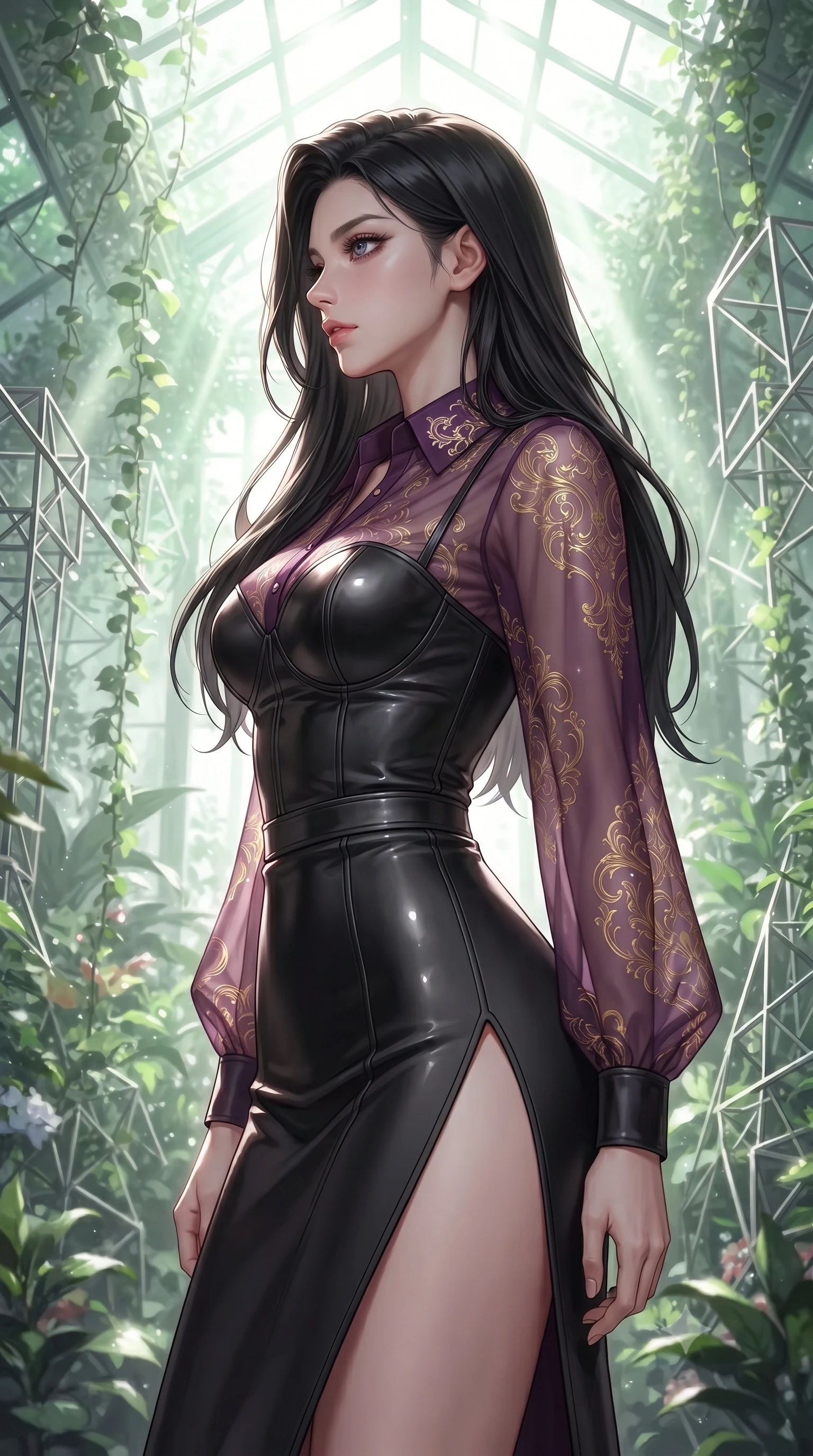 score_9, masterpiece, best quality, ultra-detailed, high-budget anime keyframe, editorial fashion photography, tasteful artistic composition, Korean woman. close-up cowboy shot from the waist and thighs up, the character dominates the composition, filling the frame with her large presence, background elements kept in soft focus. Turning her face in sharp dramatic profile against the bright light, showcasing her sharp v-shaped jawline forging through an overgrown greenhouse filled with platinum wire lattices, intense volumetric sunbeams filtering through the glass ceiling. She has an exceptionally elegant, slender, and willowy female figure with an ultra-slim waist, a gracefully sculpted slender torso, and a refined silhouette. sharp v-shaped jawline, high-bridge nose, intricate jewel-like eyes with depth, thick eyelashes, glossy lips with a natural sheen. wearing a tailored leather bustier over a sheer silk chiffon blouse in plum purple and gold filigree, formed from sleek second-skin neoprene, finished with a sleek side slit ascending to mid-thigh, the tailored fabric tightly following every curve of her athletic build. surrounded by a bright, airy ambiance with radiant white and green highlights. ultra-reflective glossy finish, specular highlights, metallic sheen, high-contrast stereoscopic depth, volumetric dynamic lighting, 2k, ultra detail, master piece, 9:16 ratio