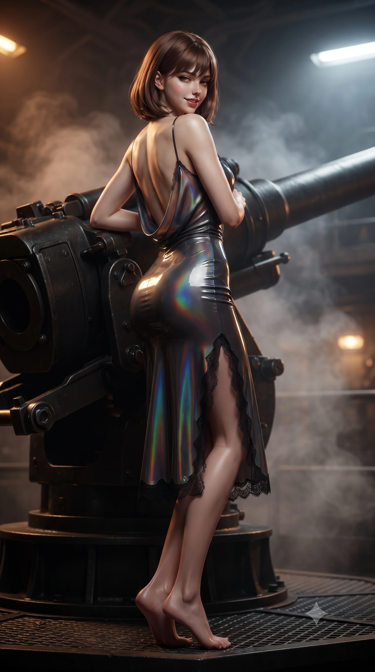 score_9, masterpiece, best quality, ultra-detailed, high-budget anime keyframe, editorial fashion photography, tasteful artistic composition, Caucasian woman. low angle full-body shot from head to toe showing her feet, filling the entire 9:16 vertical frame with her statuesque presence, stretching her vertical silhouette. walking along the terrace with poise, looking back over her bare shoulder with an irresistible smoldering bedroom-gaze while leaning against the armored cannon breech with hips cocked back, gazing up the vertical shaft toward the distant starry night hatch with heavy-lidded bedroom-eyes. The background shows a soft-focus faint cordite propellant smoke softened in underground artillery test silo shallow focus. She has an exceptionally tall and slender model-like 8.5-heads proportion, an ultra-slim waist, a flat toned midriff, narrow delicate ribcage, and beautifully sculpted feminine hips creating a graceful, slim hourglass silhouette without any bulky heaviness, with impossibly long slender legs. sharp v-shaped jawline, high-bridge nose, intricate jewel-like sparkling eyes with depth, thick eyelashes, glossy parted lips with a natural peach sheen, bright cheerful beaming smile with an enchanting and coquettish sensual glint, exuding both youthful cute charm and seductive allure, flawlessly proportioned anatomical accuracy, strict slender model proportions, natural body alignment, perfectly sculpted long slender limbs, ultra-slim waistline, clean dynamic posture without body distortion. wearing a form-contouring gossamer silk chiffon combat slip dress with a hip-high slit and open cowl back clinging with dewy moisture in solar-sail rainbow diffraction and titanium white, tailored from high-gloss patent leather with mirror-like specular highlights, finished with scalloped eyelash lace trim framing her sweetheart neckline with intimate elegance, the precision-cut side openings and low-back scoop framing her graceful spine and the sensual sweep of her slim, toned hips. bathed in high-contrast industrial amber hazard lighting combined with cool white work floodlights. ultra-reflective glossy finish, specular highlights, rich textural contrasts, high-contrast stereoscopic depth, volumetric dynamic lighting, 2k, ultra detail, master piece, 9:16 ratio
