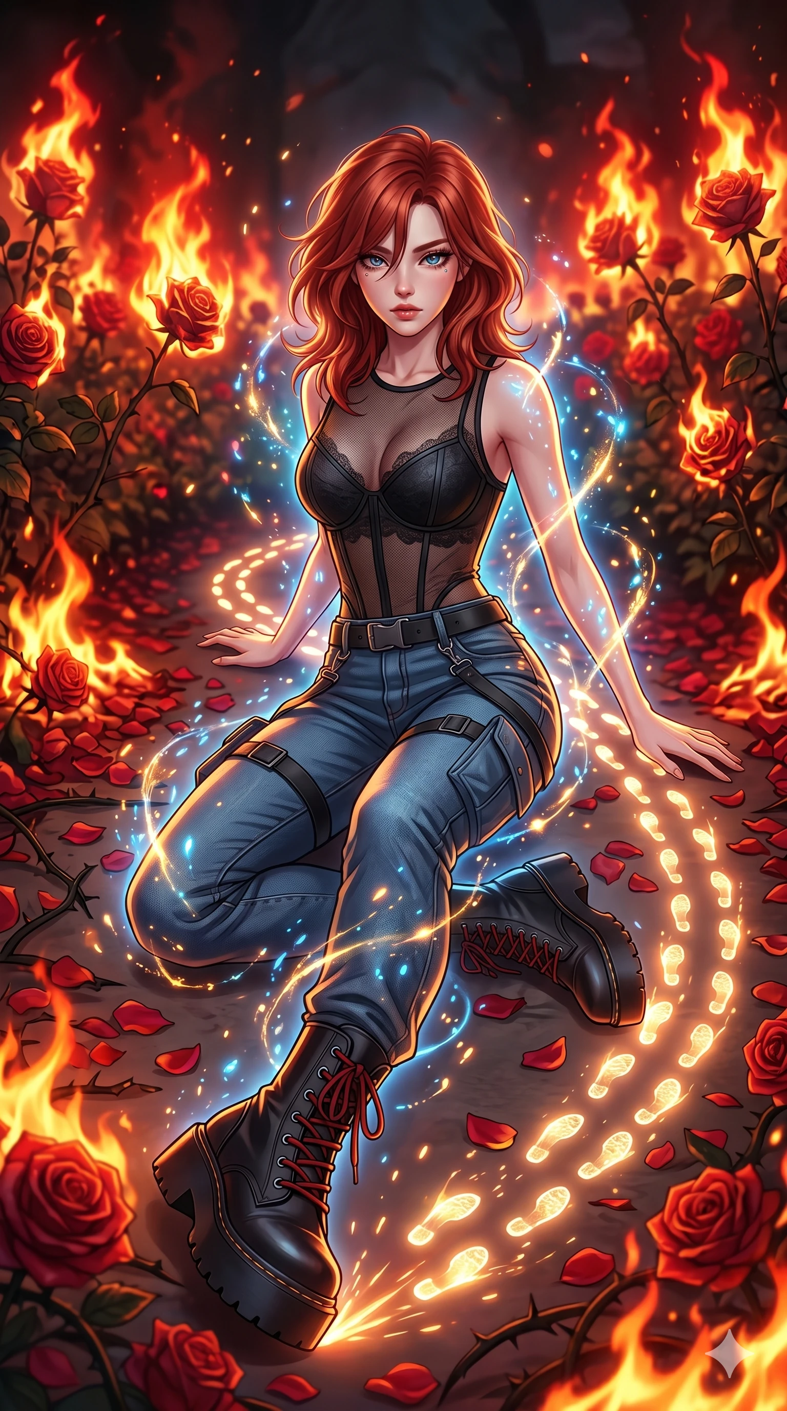 score_9, masterpiece, best quality, ultra-detailed, Set A: High-budget Anime Keyframe, Korean woman. Upper body close-up from the thighs up, character filling the screen for maximum presence. Sliding through a burning rose garden, as she leaves a trail of 238 glowing footprints and surrounded by glowing energy sparks. She has an absolutely perfect 8-heads proportion, an exceptionally tall and slender female figure with impossibly long slender legs and an ultra-slim waist. Sharp v-shaped jawline, high-bridge nose, intricate jewel-like eyes with depth, thick eyelashes, glossy lips with a natural sheen. Wearing Sheer corset top with high-waist tech-denim and heavy platform combat boots. Cinematic lighting, vibrant colors, dramatic shadows, 2k, ultra detail, master piece, 9:16 ratio